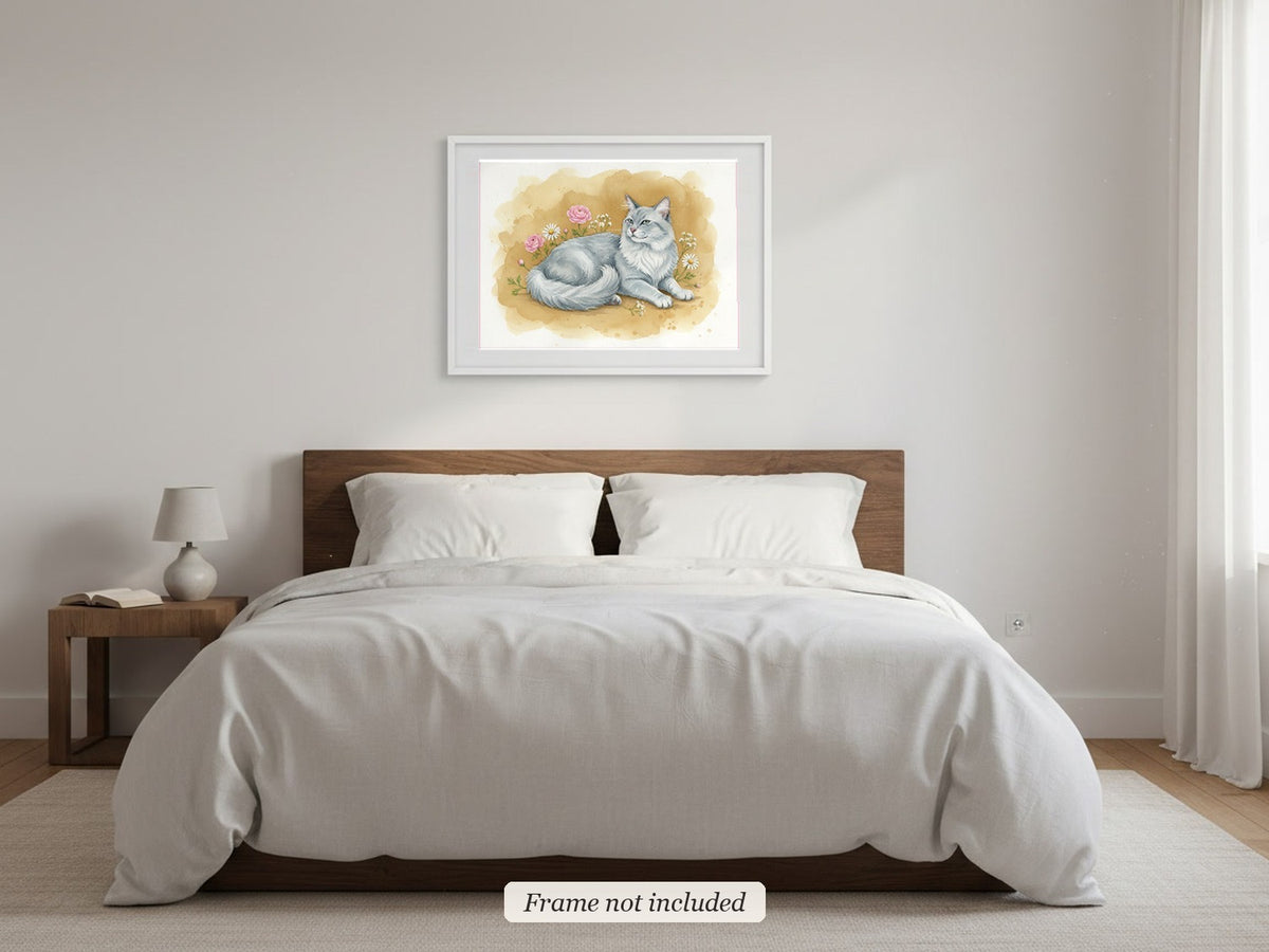 Blue - Turkish Angora Cat watercolour print in a slim white frame (frame not included) in a bedroom