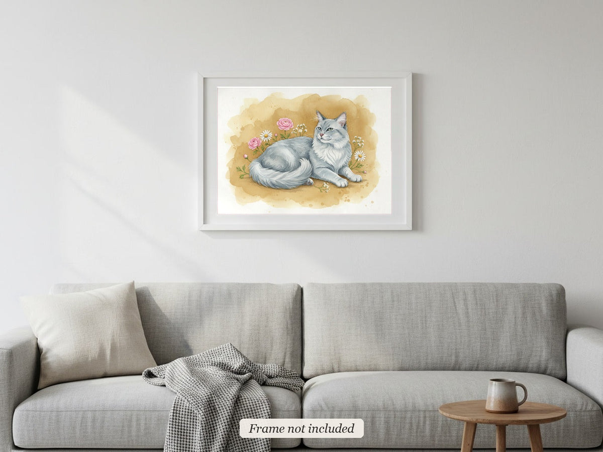 Blue - Turkish Angora Cat watercolour print in a slim white frame (frame not included) above a sofa