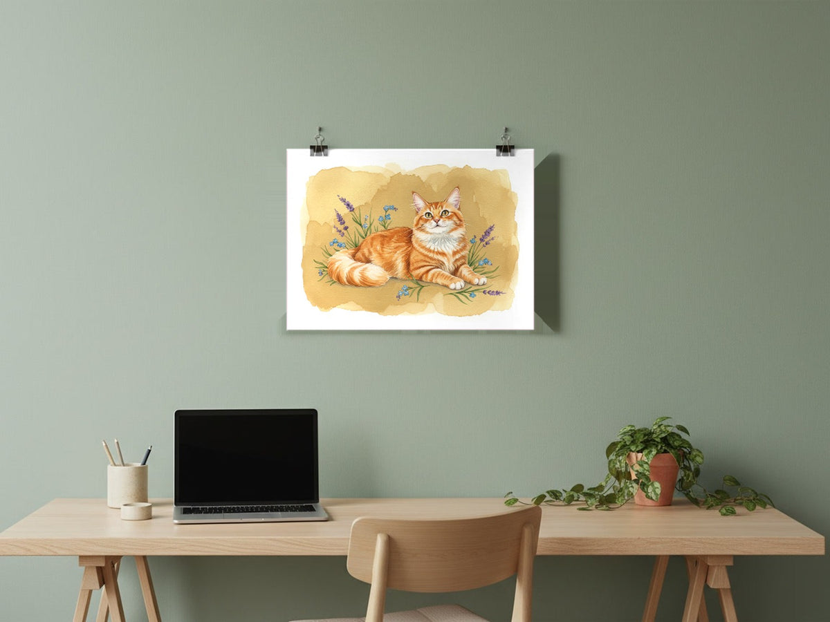 Red Tabby - Turkish Angora Cat watercolour print hung with clips in a home office