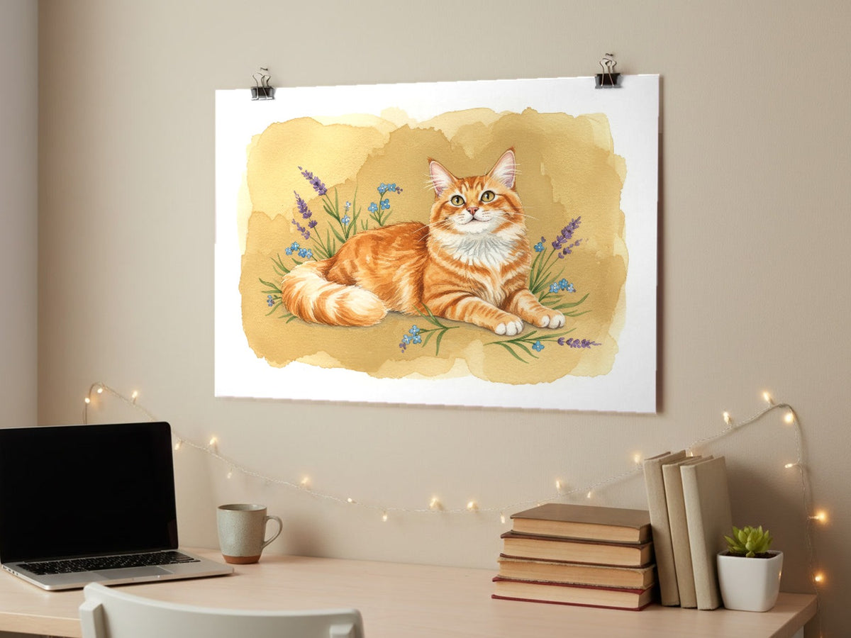 Red Tabby - Turkish Angora Cat watercolour print hung with clips above a student desk