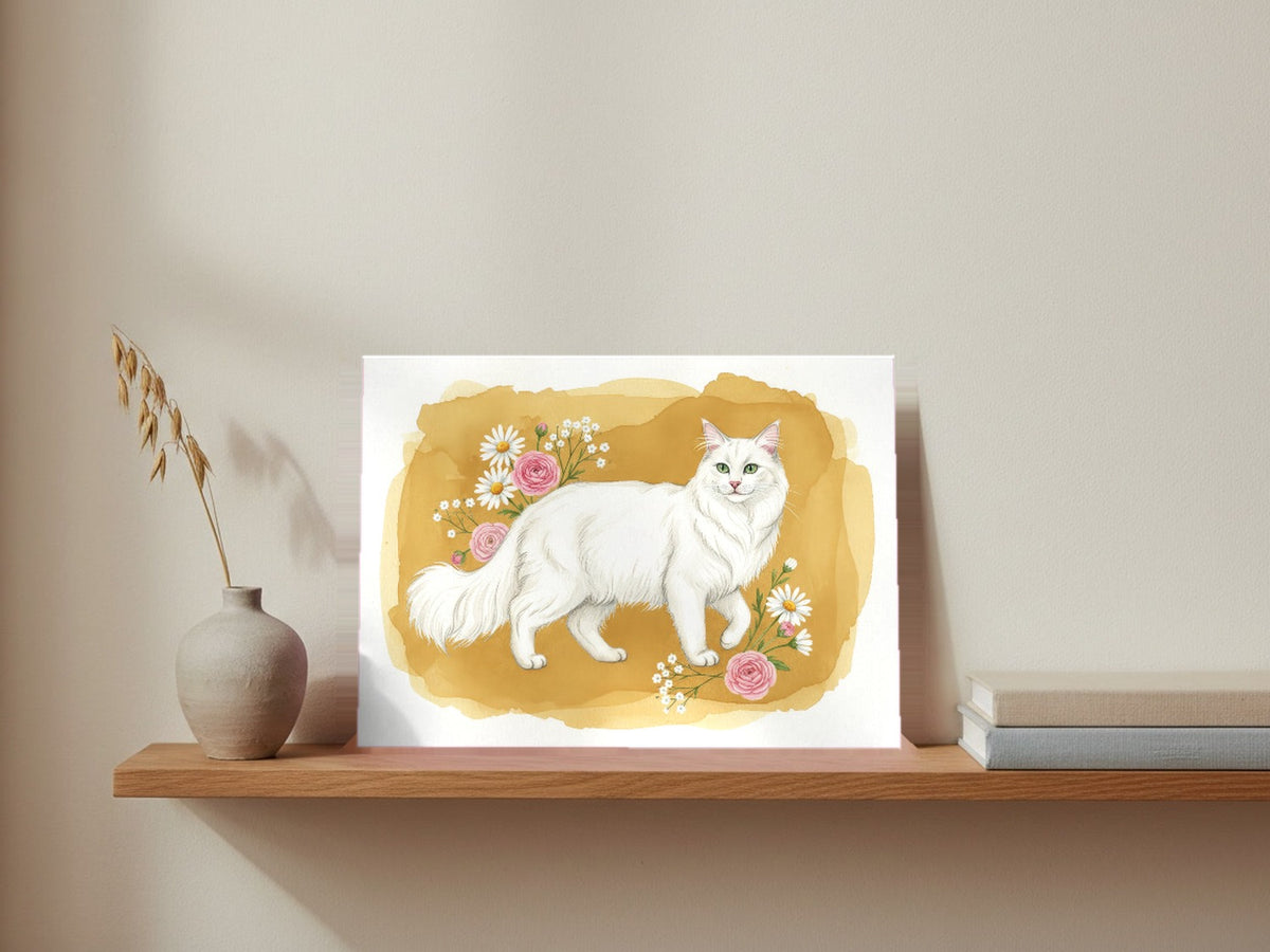 White - Turkish Angora Cat watercolour print leaning on a picture ledge