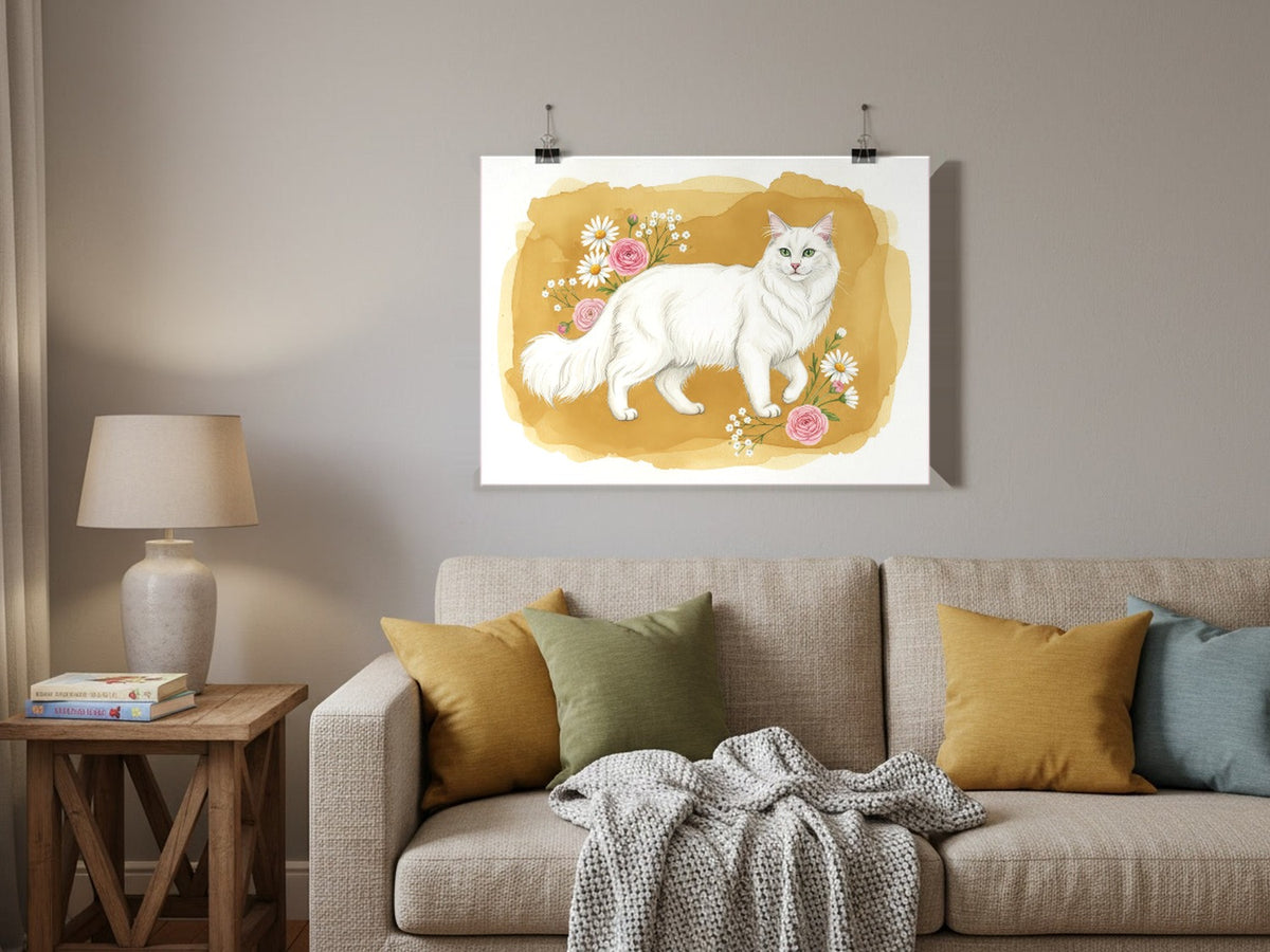 White - Turkish Angora Cat watercolour print hung with clips in a family living room