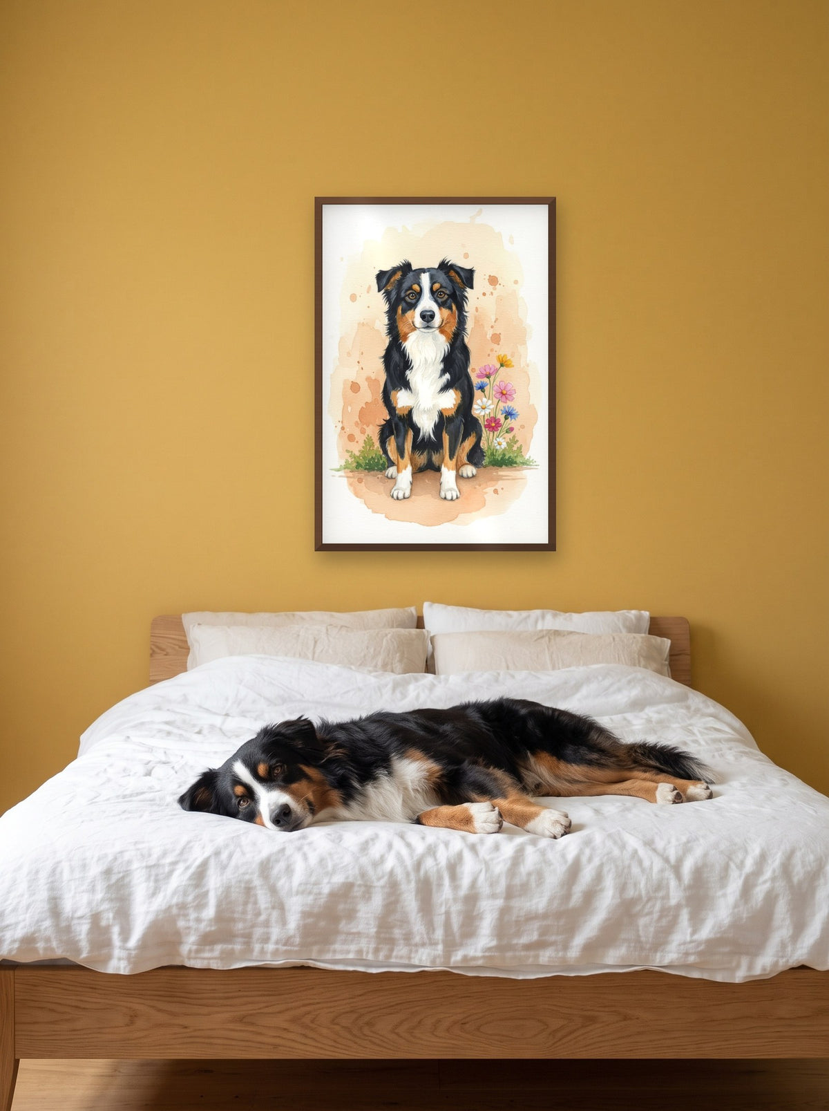 Black Tri - Australian Shepherd watercolour-style print, framed on the wall above a australian shepherd on a bed (AI-generated photo)