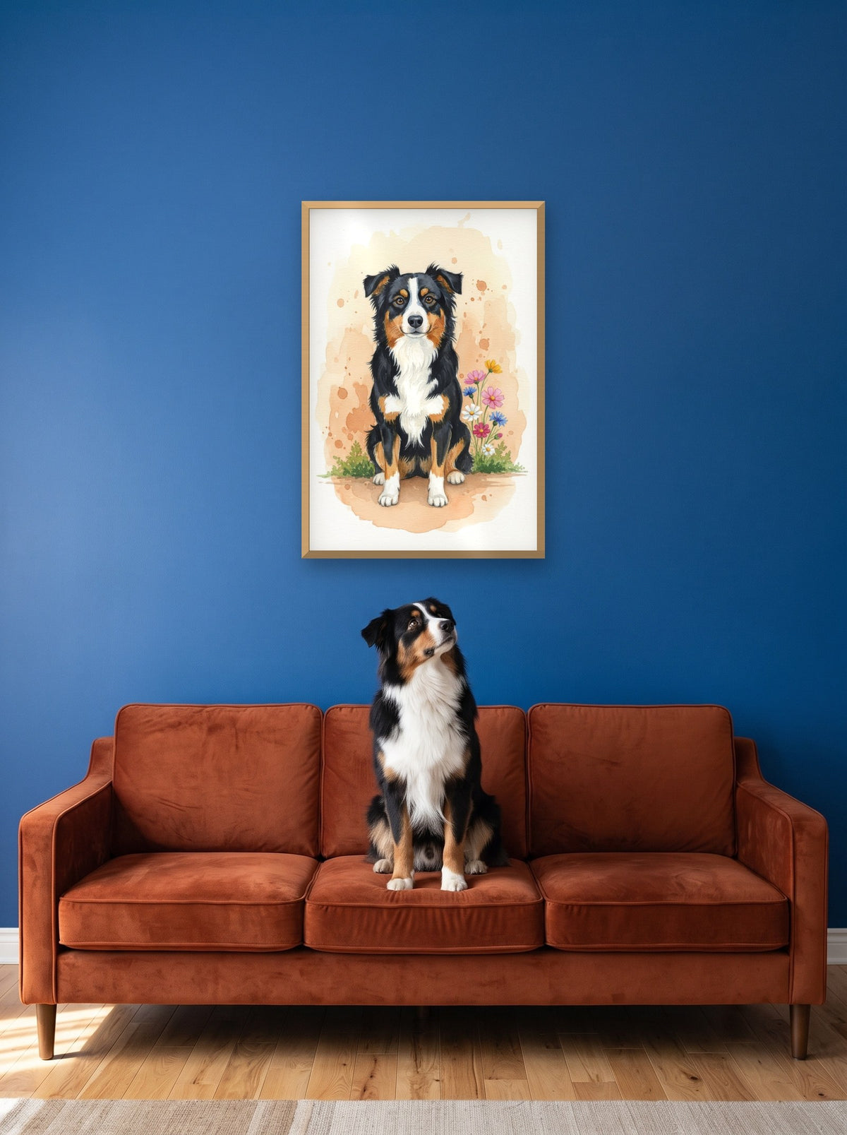 Black Tri - Australian Shepherd watercolour-style print, framed on the wall above a australian shepherd on a sofa (AI-generated photo)