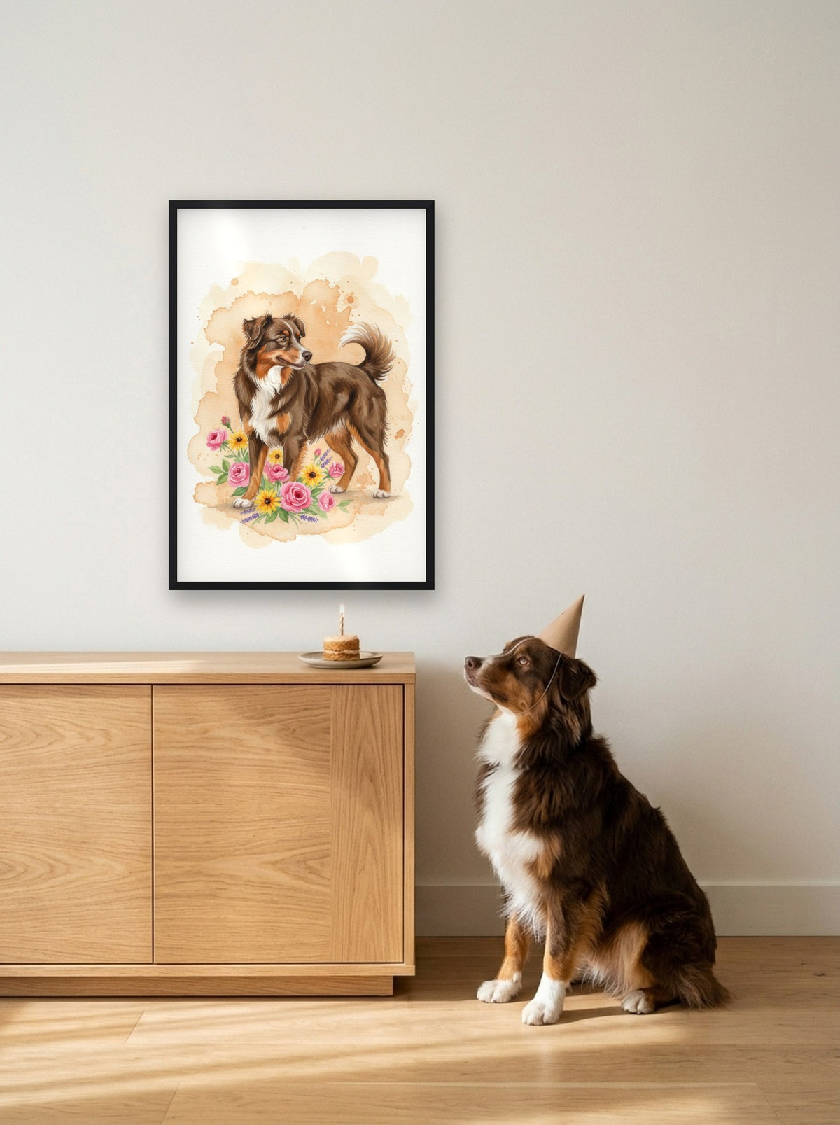 Red Tri - Australian Shepherd watercolour-style print, framed on the wall above a australian shepherd on its birthday (AI-generated photo)
