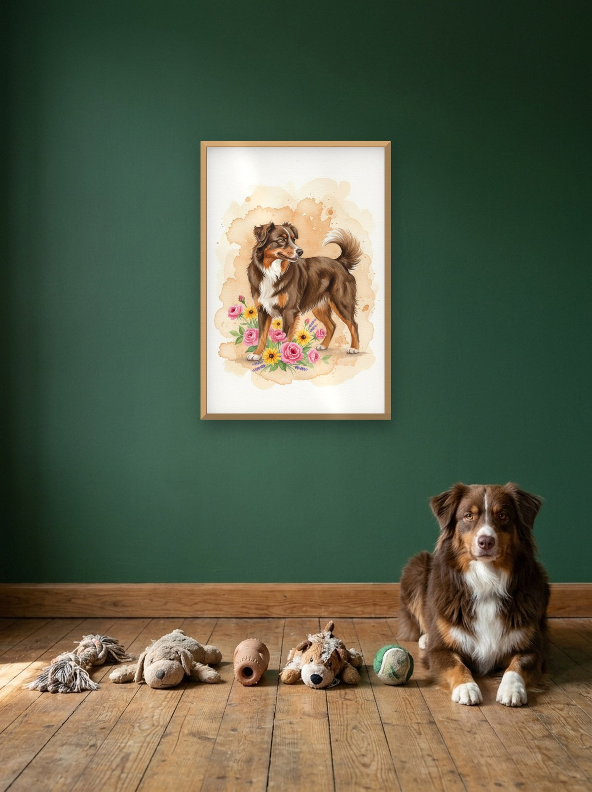 Red Tri - Australian Shepherd watercolour-style print, framed on the wall above a australian shepherd with its toys (AI-generated photo)