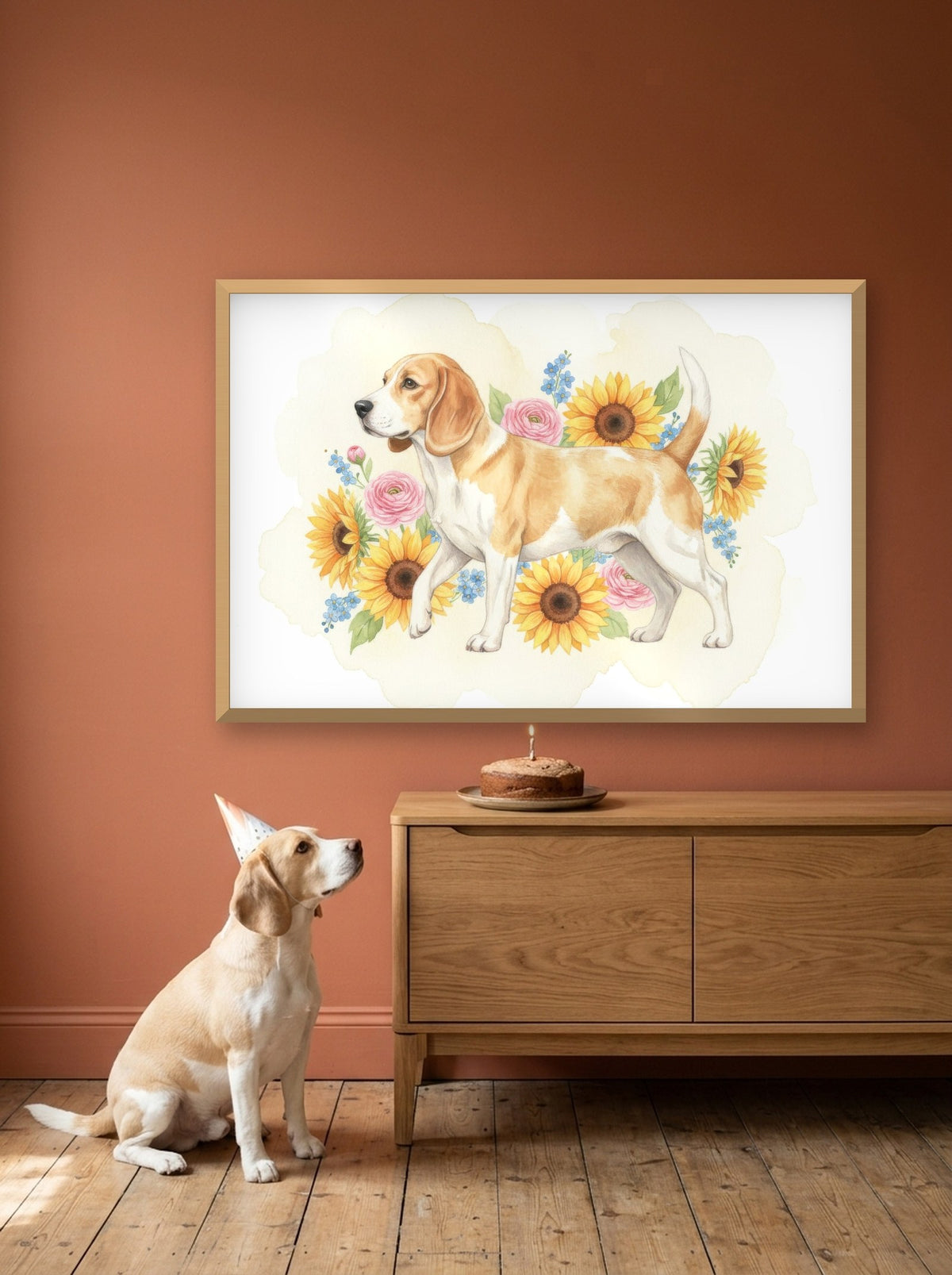 Lemon - Beagle watercolour-style print, framed on the wall above a beagle on its birthday (AI-generated photo)