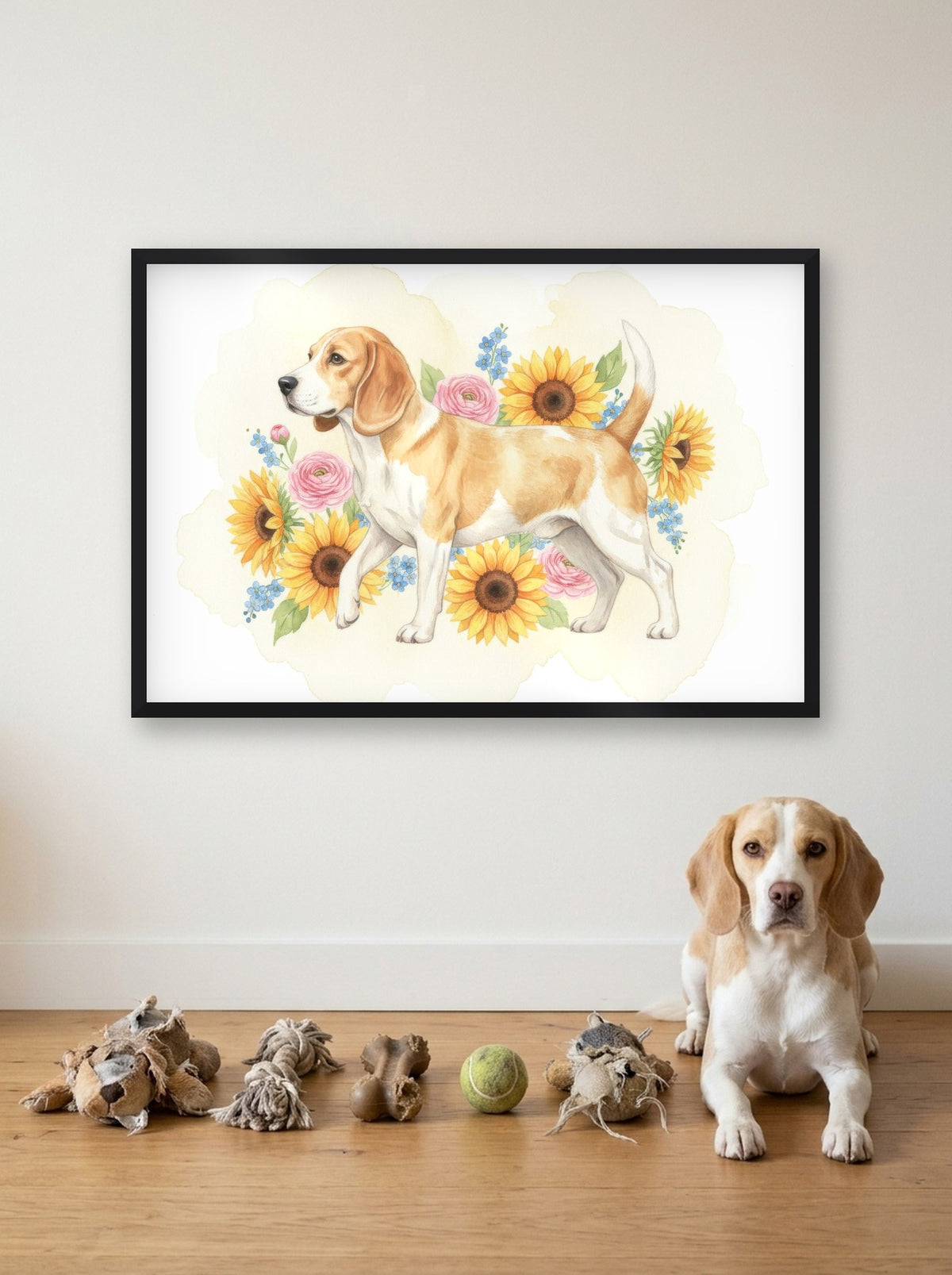 Lemon - Beagle watercolour-style print, framed on the wall above a beagle with its toys (AI-generated photo)