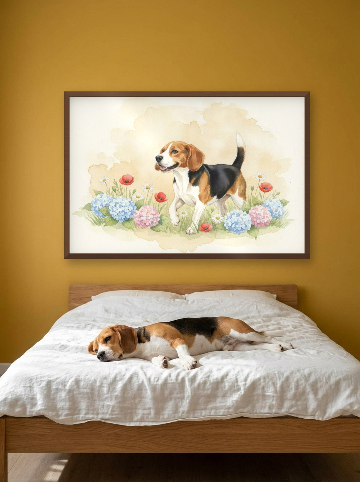 Tricolour - Beagle watercolour-style print, framed on the wall above a beagle on a bed (AI-generated photo)