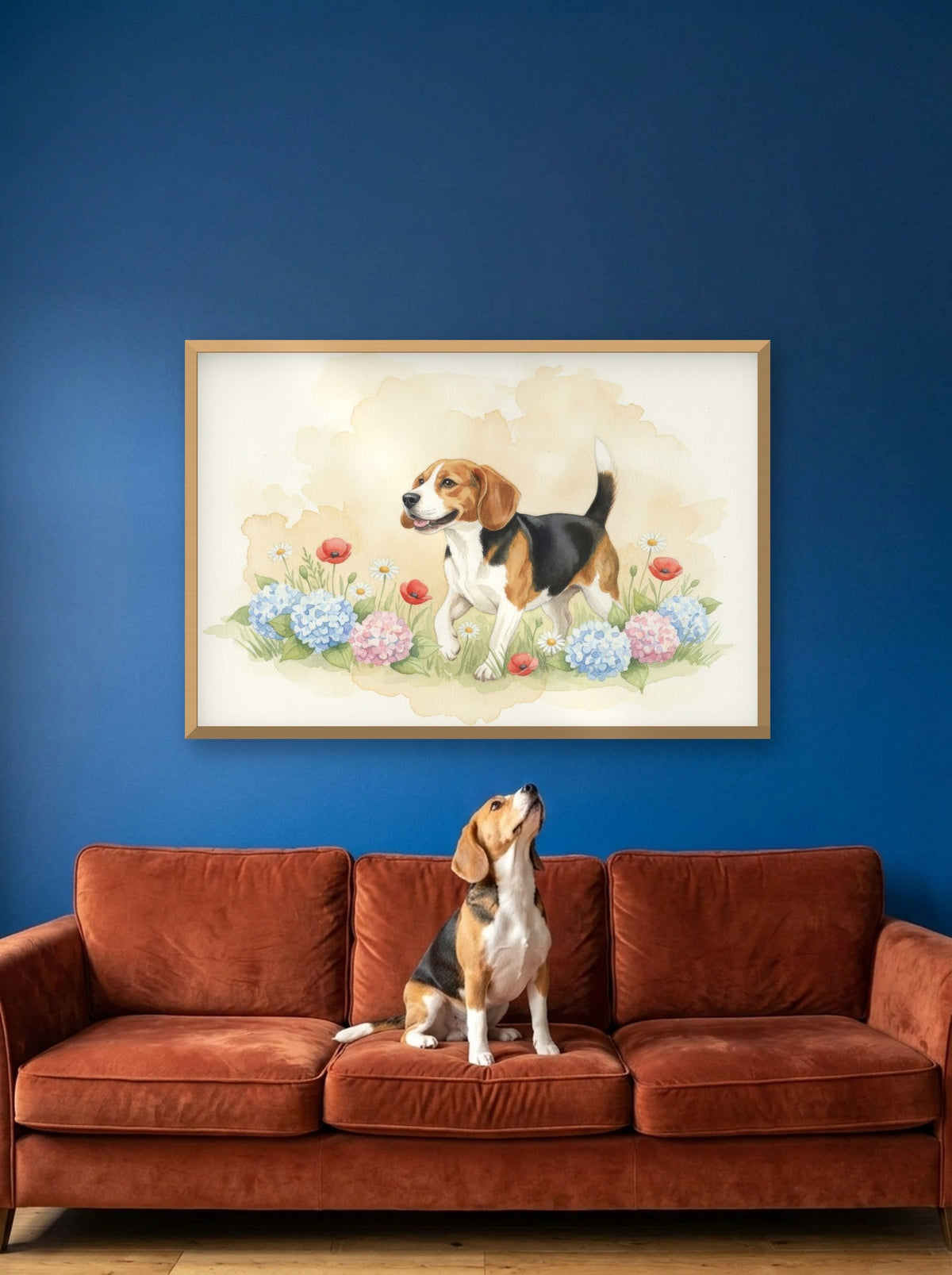 Tricolour - Beagle watercolour-style print, framed on the wall above a beagle on a sofa (AI-generated photo)