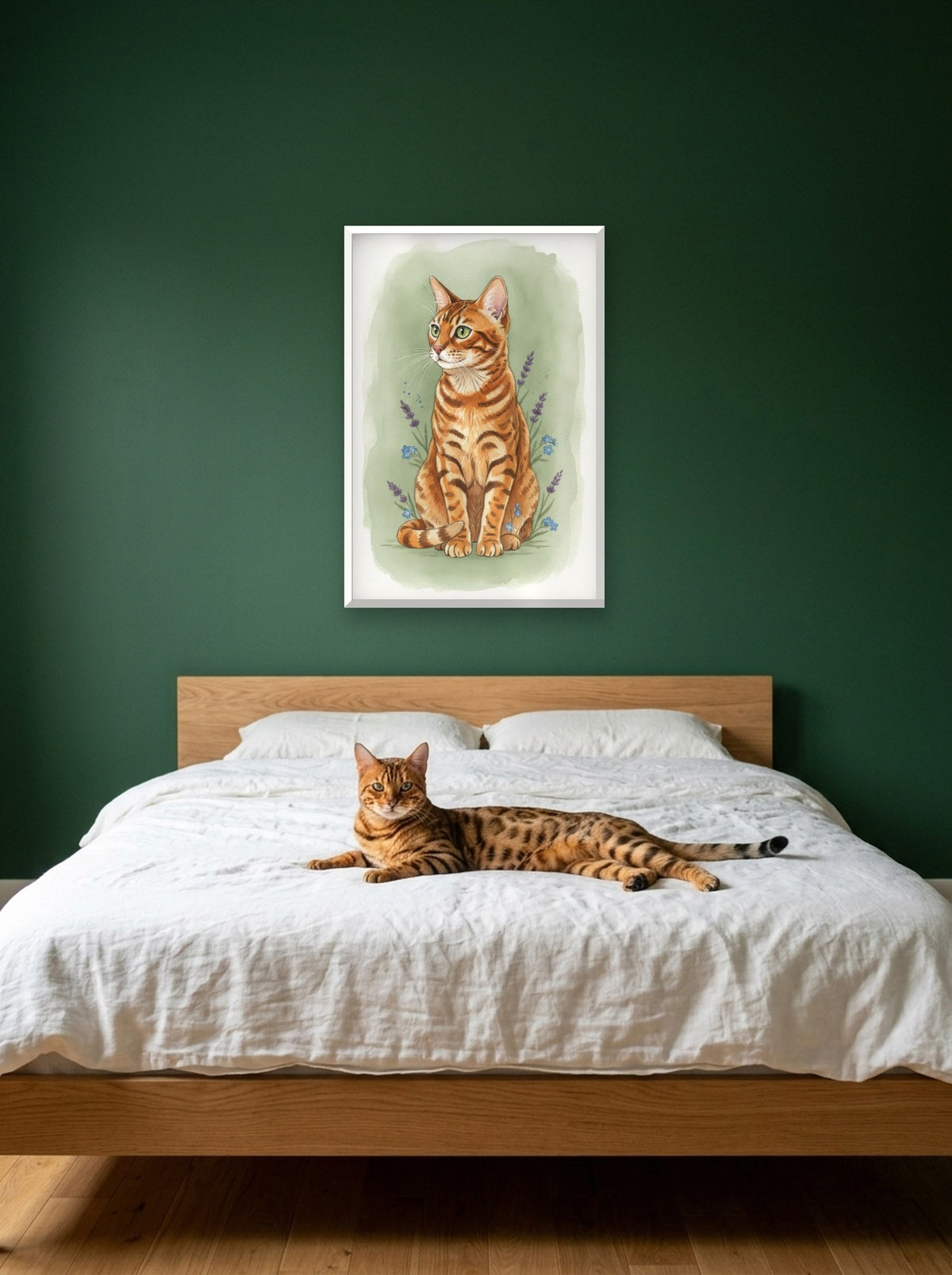 Brown Spotted - Bengal Cat watercolour-style print, framed on the wall above a bengal cat on a bed (AI-generated photo)