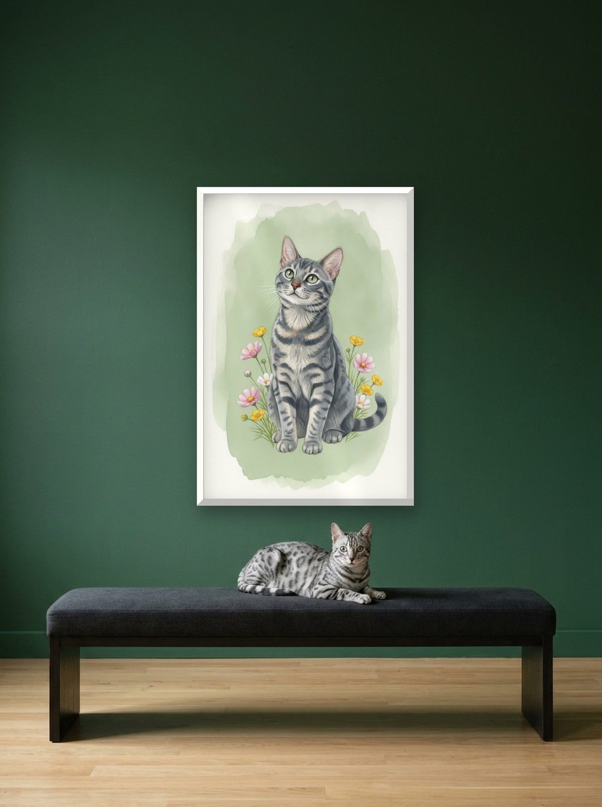 Silver - Bengal Cat watercolour-style print, framed on the wall above a bengal cat on a gallery bench (AI-generated photo)