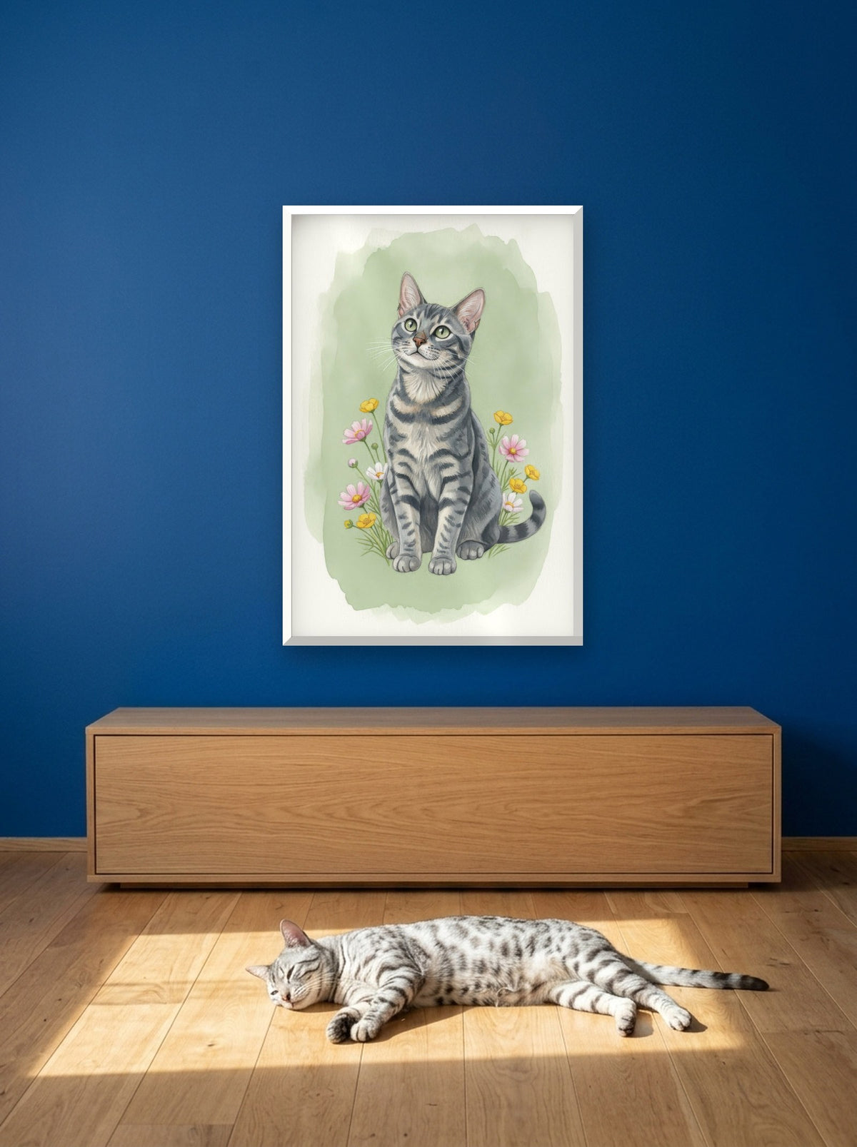 Silver - Bengal Cat watercolour-style print, framed on the wall above a bengal cat in a sunny room (AI-generated photo)