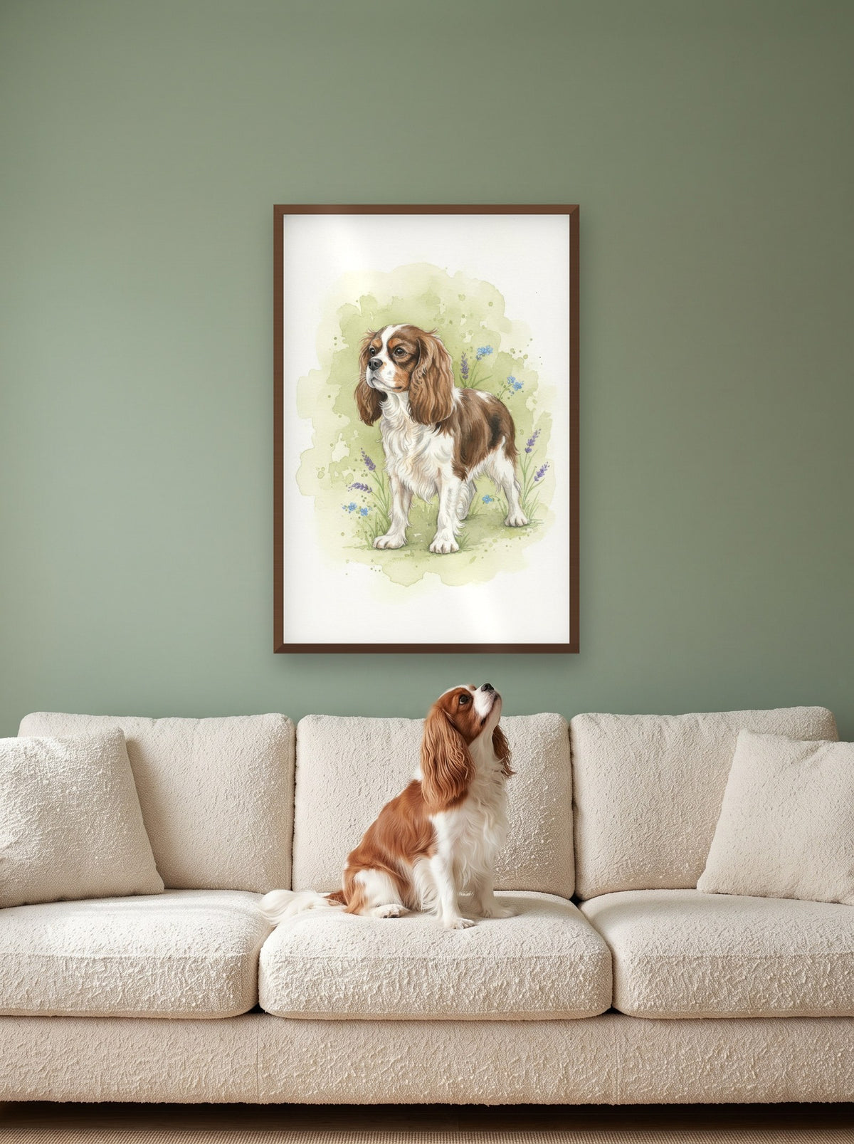 Blenheim - Cavalier King Charles Spaniel watercolour-style print, framed on the wall above a cavalier king charles spaniel on a sofa (AI-generated photo)