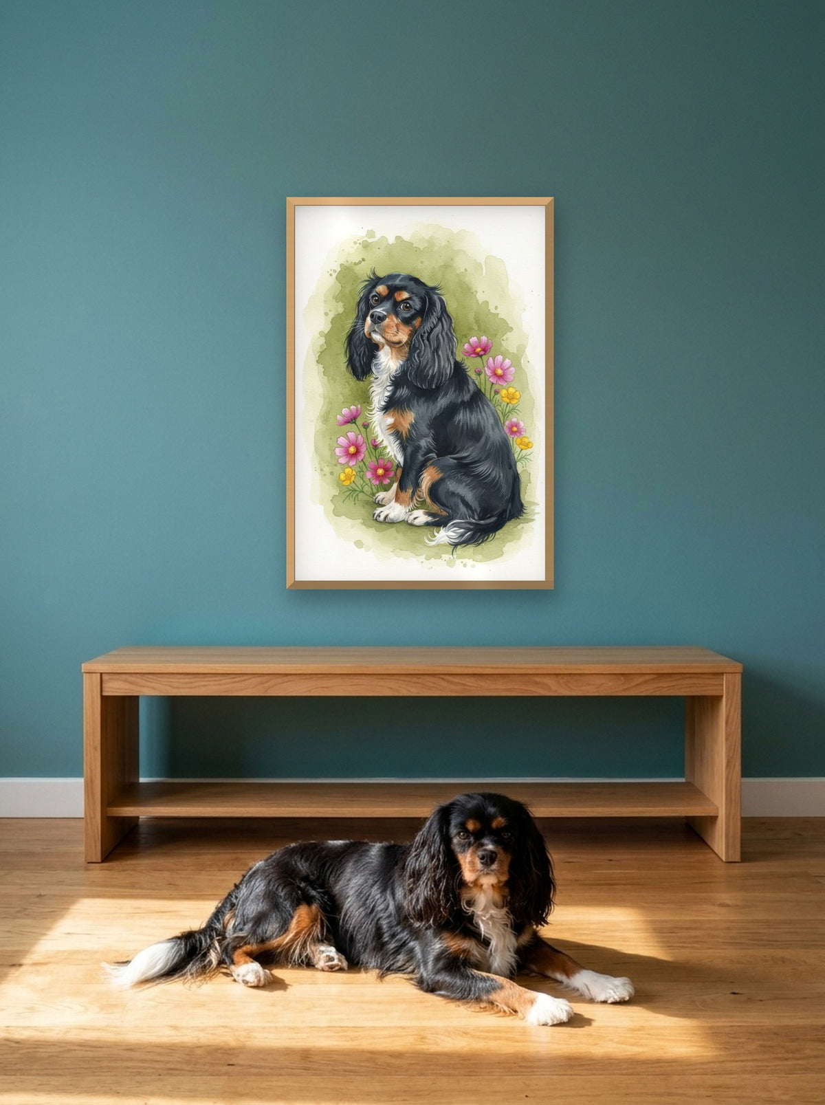 Tricolour - Cavalier King Charles Spaniel watercolour-style print, framed on the wall above a cavalier king charles spaniel in a sunny room (AI-generated photo)