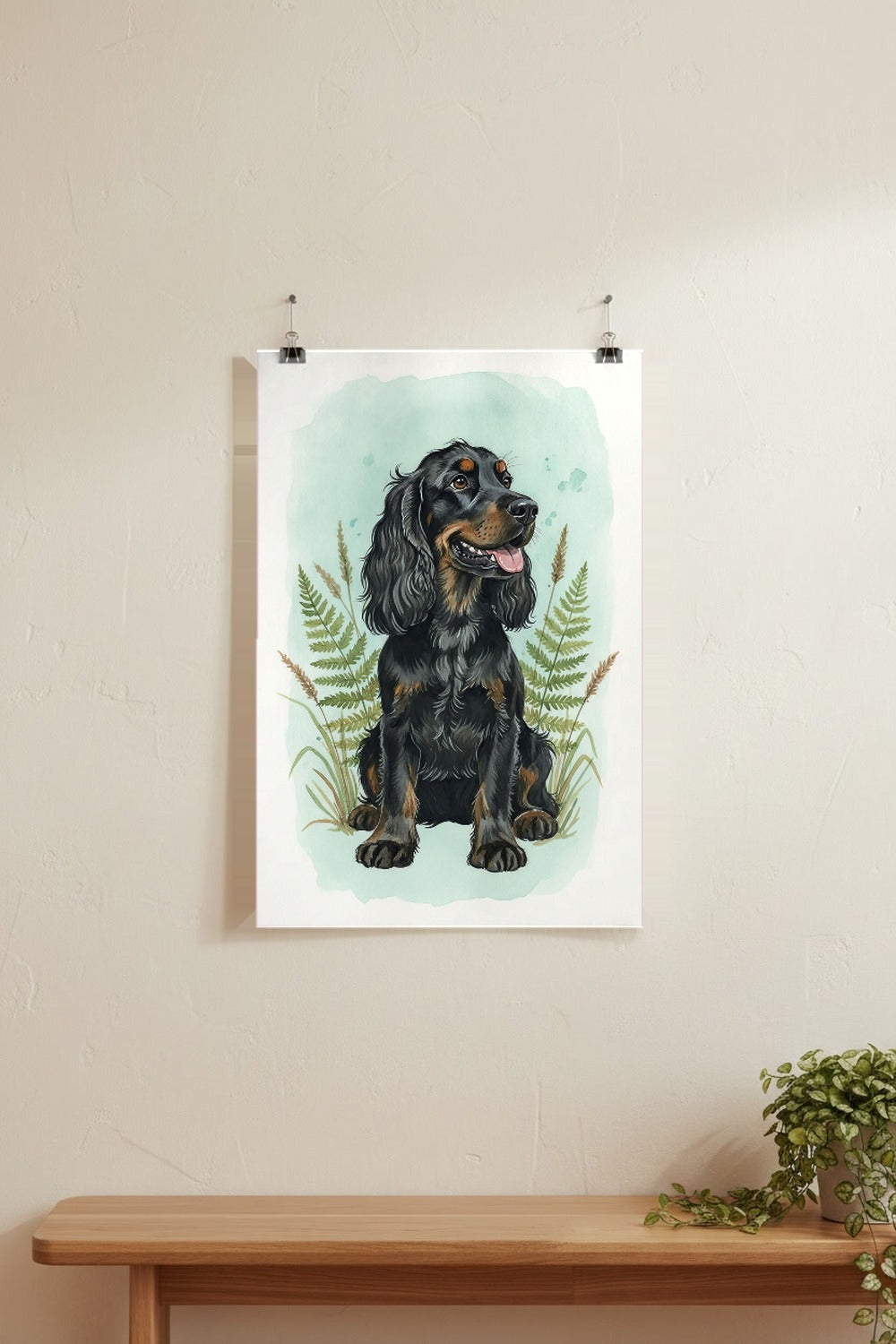 Black - Cocker Spaniel watercolour print hung with clips on a gallery wall