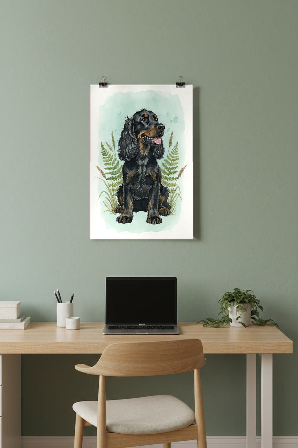 Black - Cocker Spaniel watercolour print hung with clips in a home office