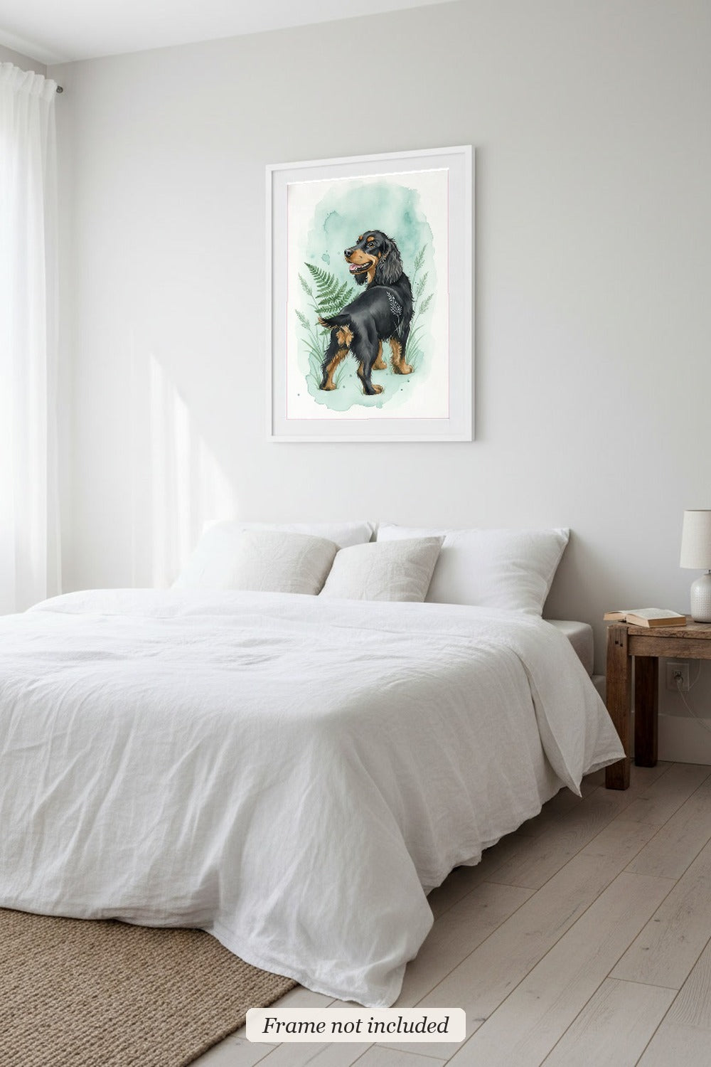 Black And Tan - Cocker Spaniel watercolour print in a slim white frame (frame not included) in a bedroom