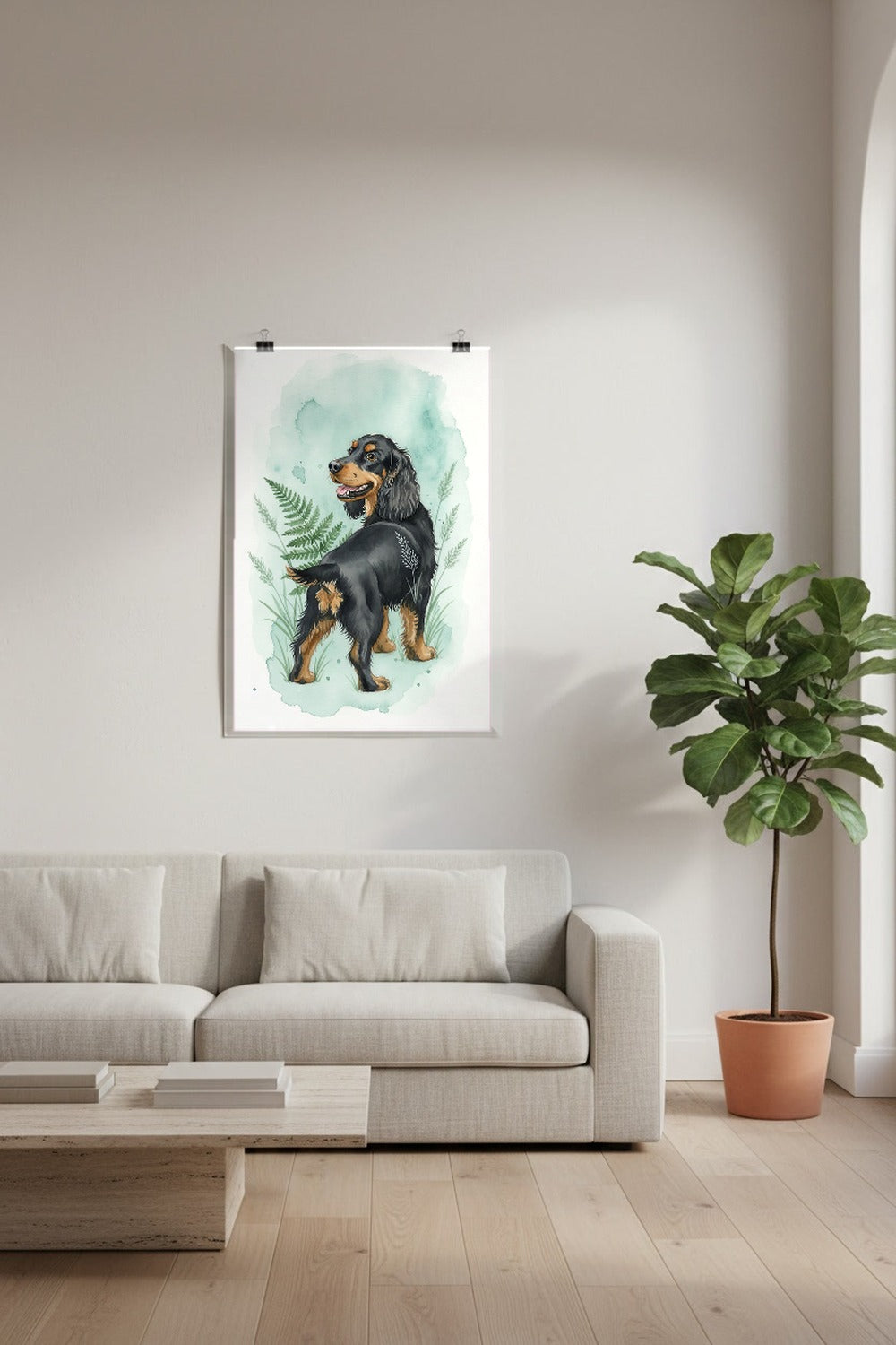Black And Tan - Cocker Spaniel watercolour print hung with clips in a designer loft