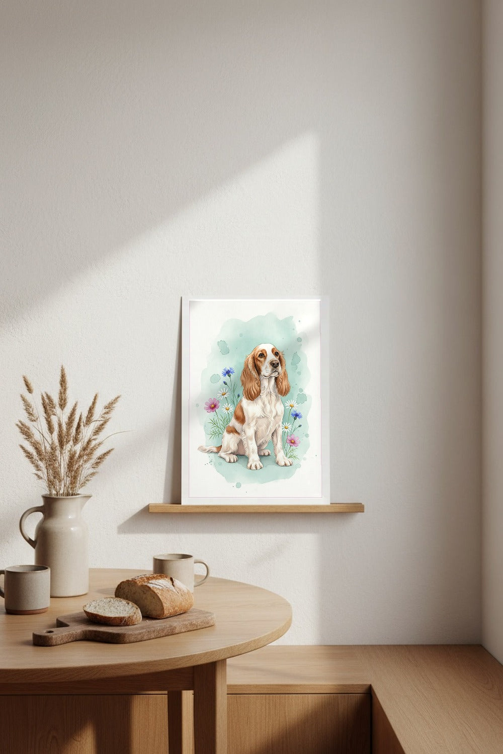 Blenheim - Cocker Spaniel watercolour print leaning in a kitchen nook