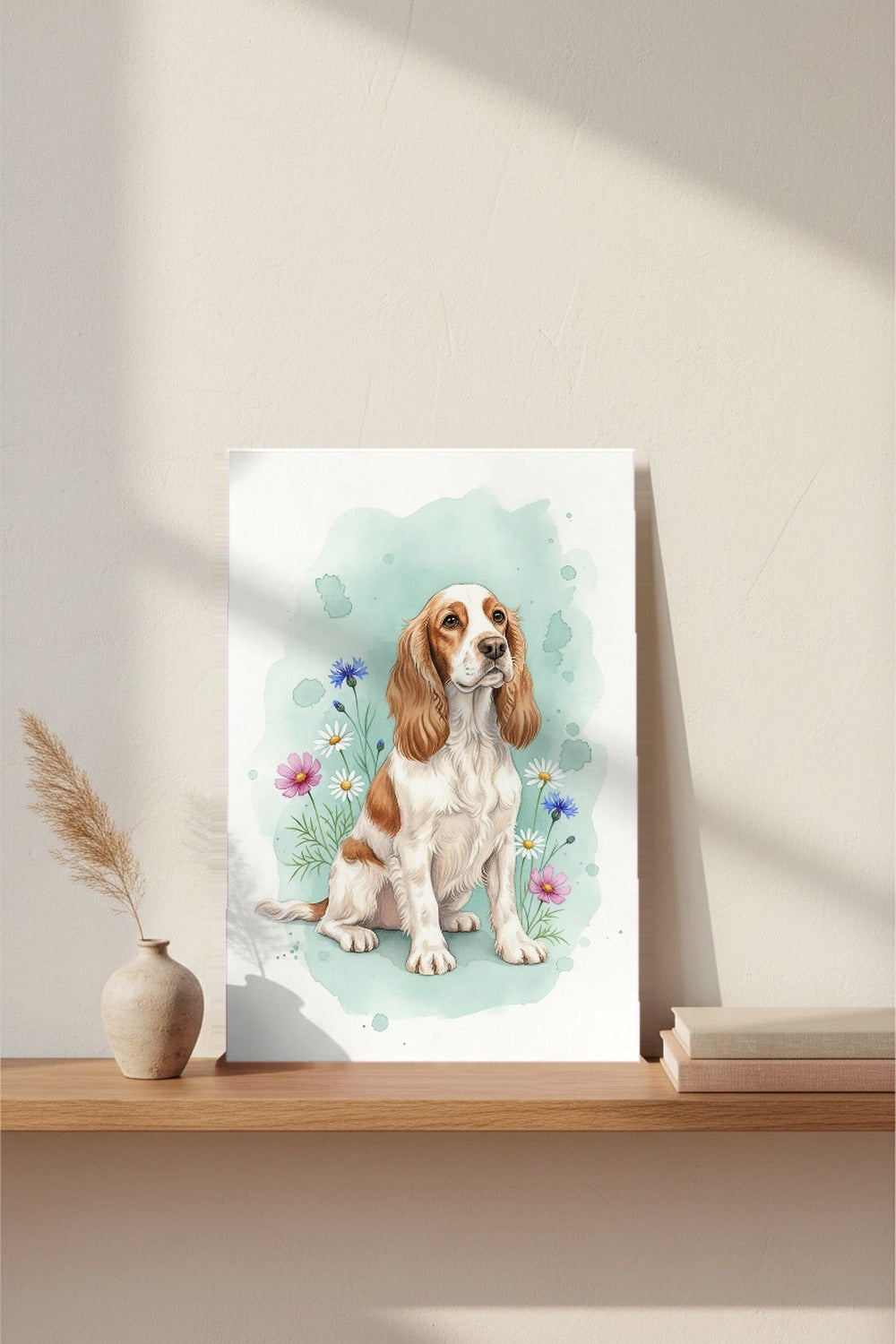 Blenheim - Cocker Spaniel watercolour print leaning on a picture ledge