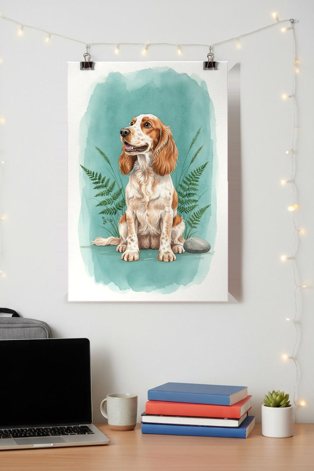 Orange Roan - Cocker Spaniel watercolour print hung with clips above a student desk