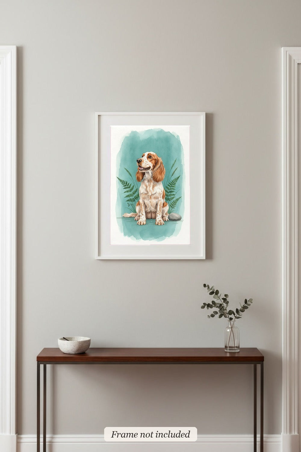 Orange Roan - Cocker Spaniel watercolour print in a slim white frame (frame not included) in an entrance hall