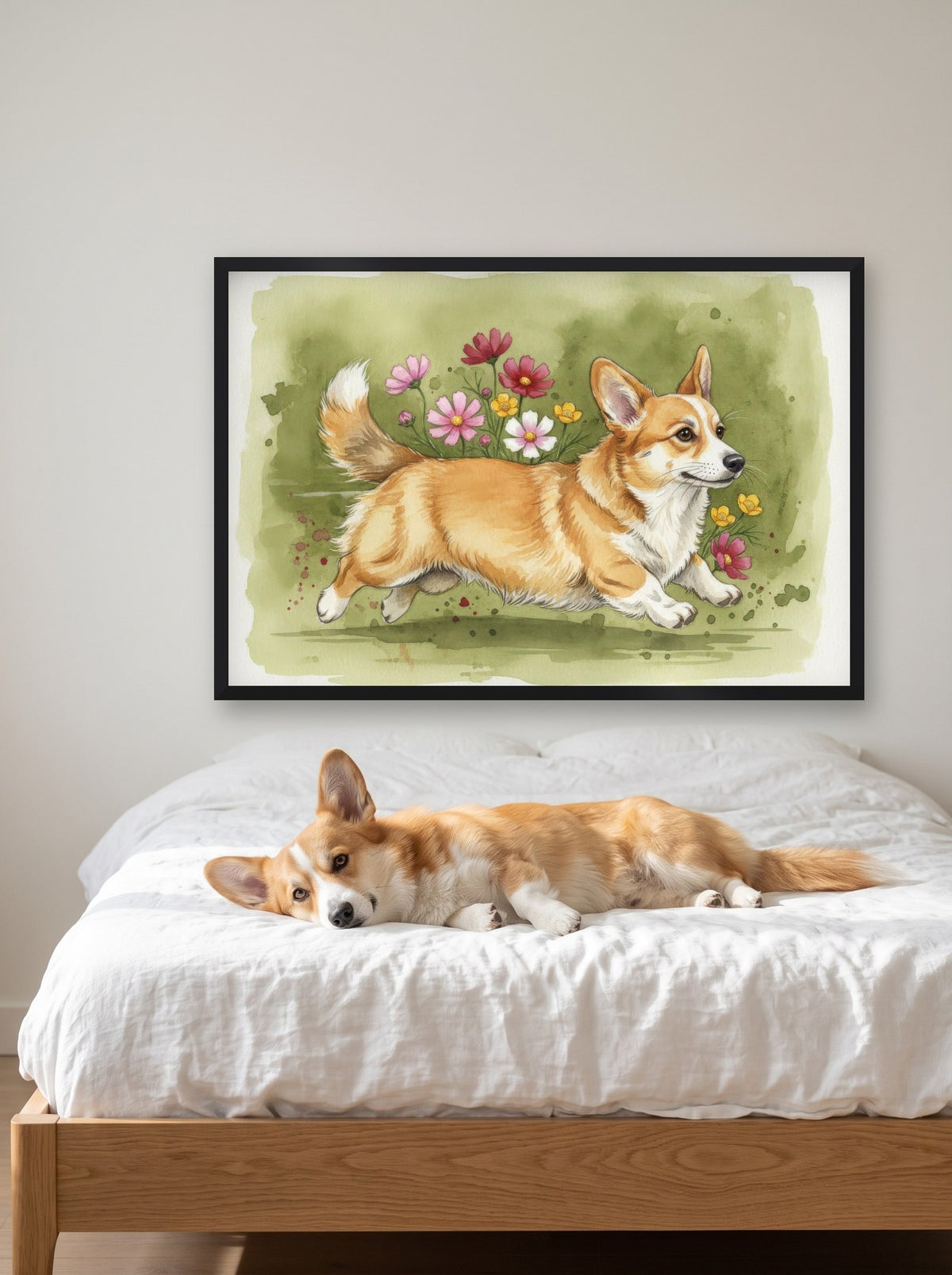 Red and White - Corgi watercolour-style print, framed on the wall above a corgi on a bed (AI-generated photo)