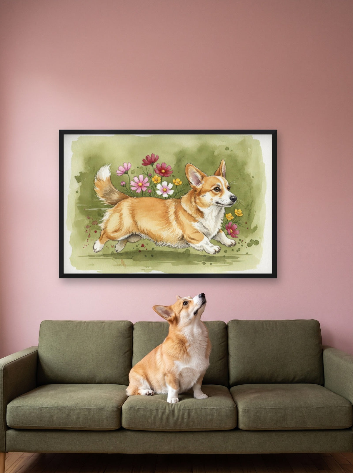 Red and White - Corgi watercolour-style print, framed on the wall above a corgi on a sofa (AI-generated photo)