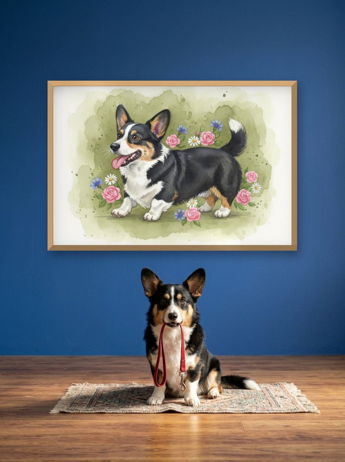 Tricolour - Corgi watercolour-style print, framed on the wall above a corgi in a hallway (AI-generated photo)