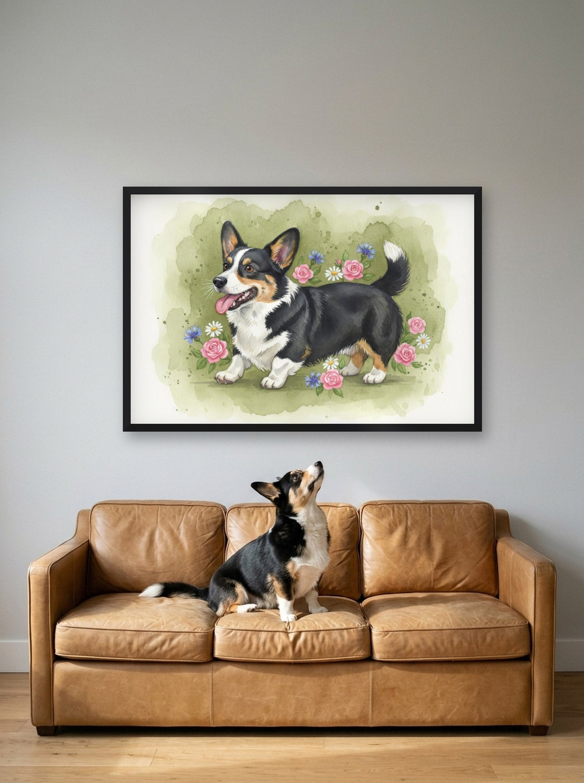 Tricolour - Corgi watercolour-style print, framed on the wall above a corgi on a sofa (AI-generated photo)