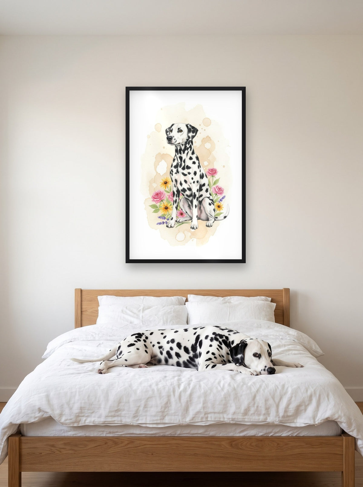 Black-Spotted - Dalmatian watercolour-style print, framed on the wall above a dalmatian on a bed (AI-generated photo)