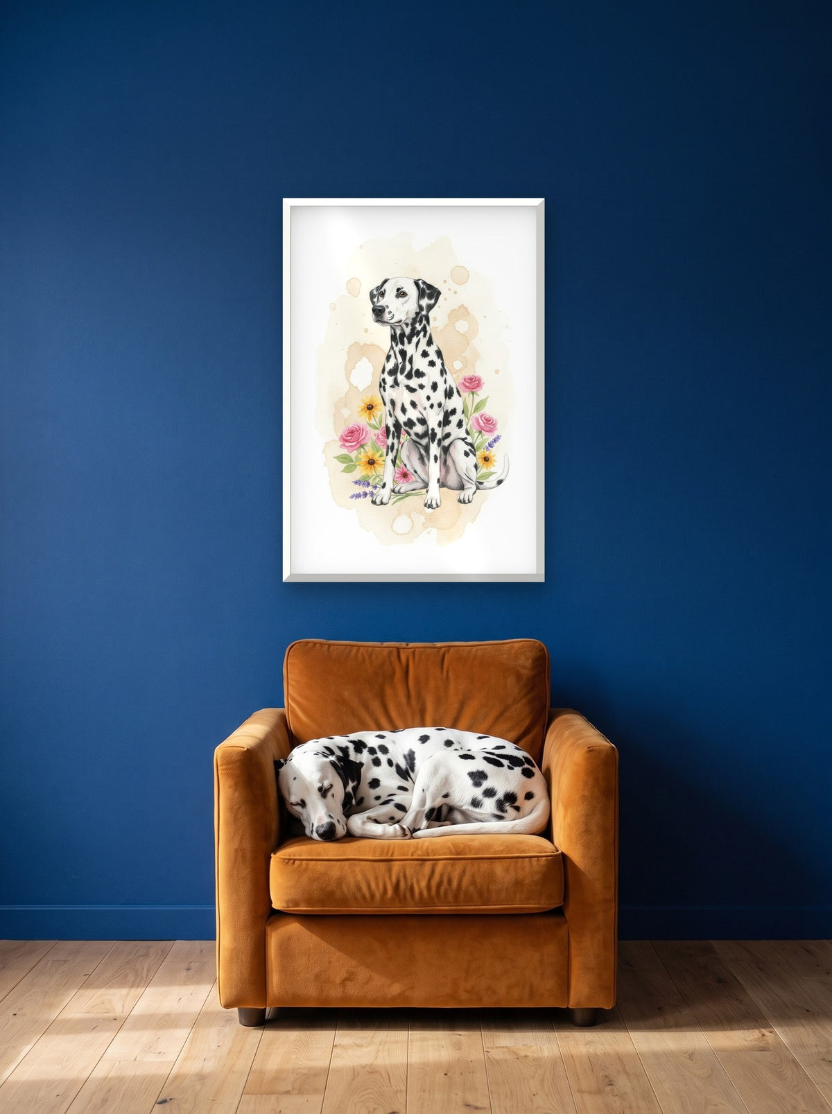 Black-Spotted - Dalmatian watercolour-style print, framed on the wall above a dalmatian in an armchair (AI-generated photo)