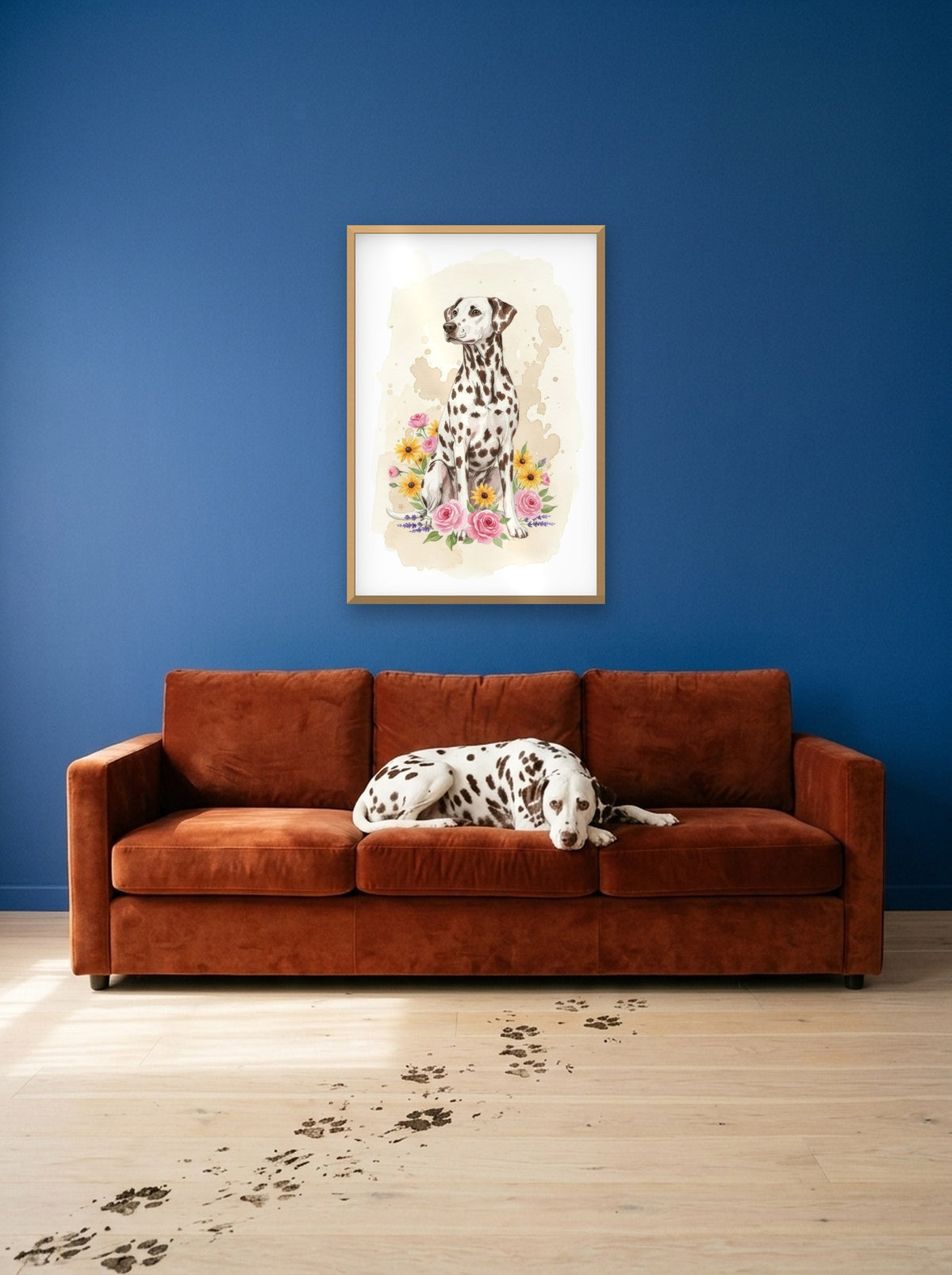 Liver-Spotted - Dalmatian watercolour-style print, framed on the wall above a dalmatian on a sofa (AI-generated photo)