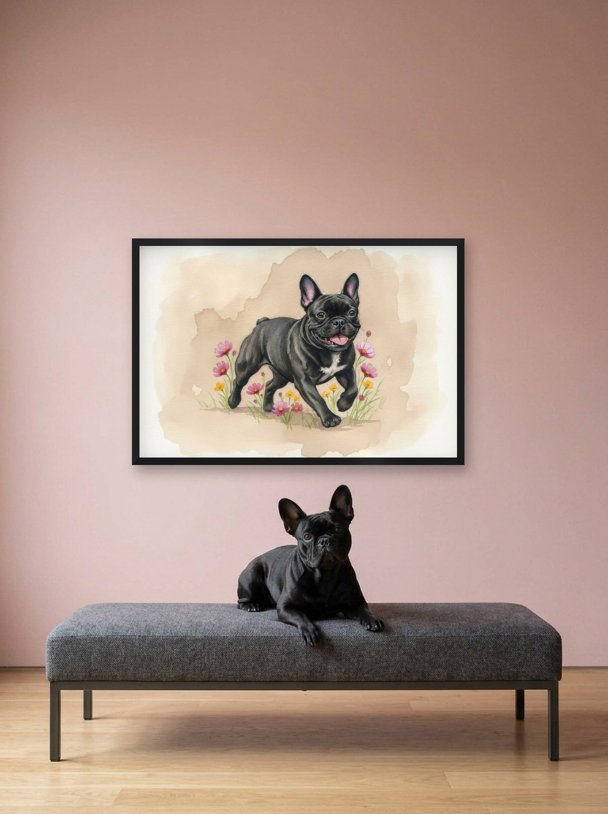Black - French Bulldog watercolour-style print, framed on the wall above a french bulldog on a gallery bench (AI-generated photo)