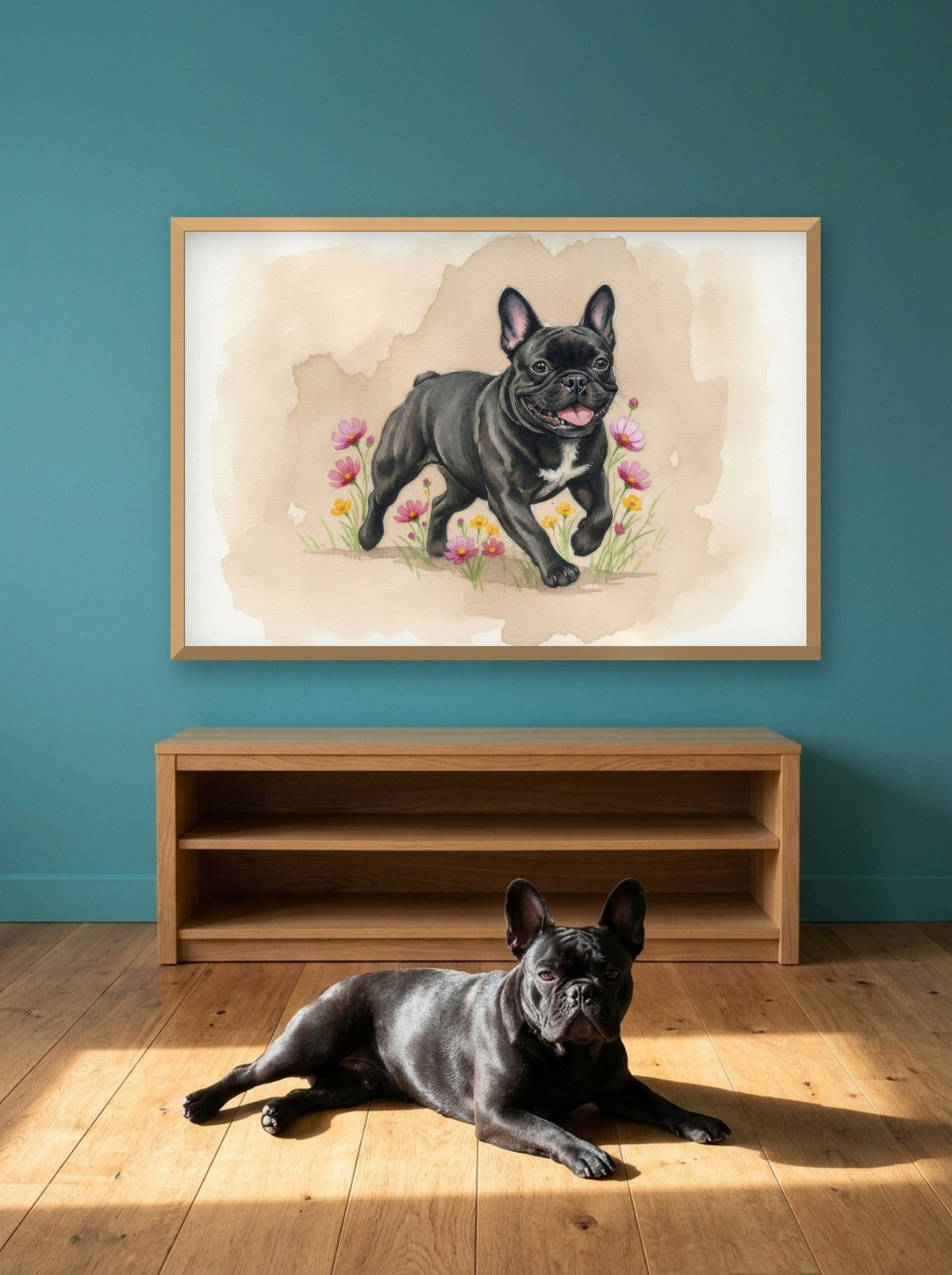 Black - French Bulldog watercolour-style print, framed on the wall above a french bulldog in a sunny room (AI-generated photo)