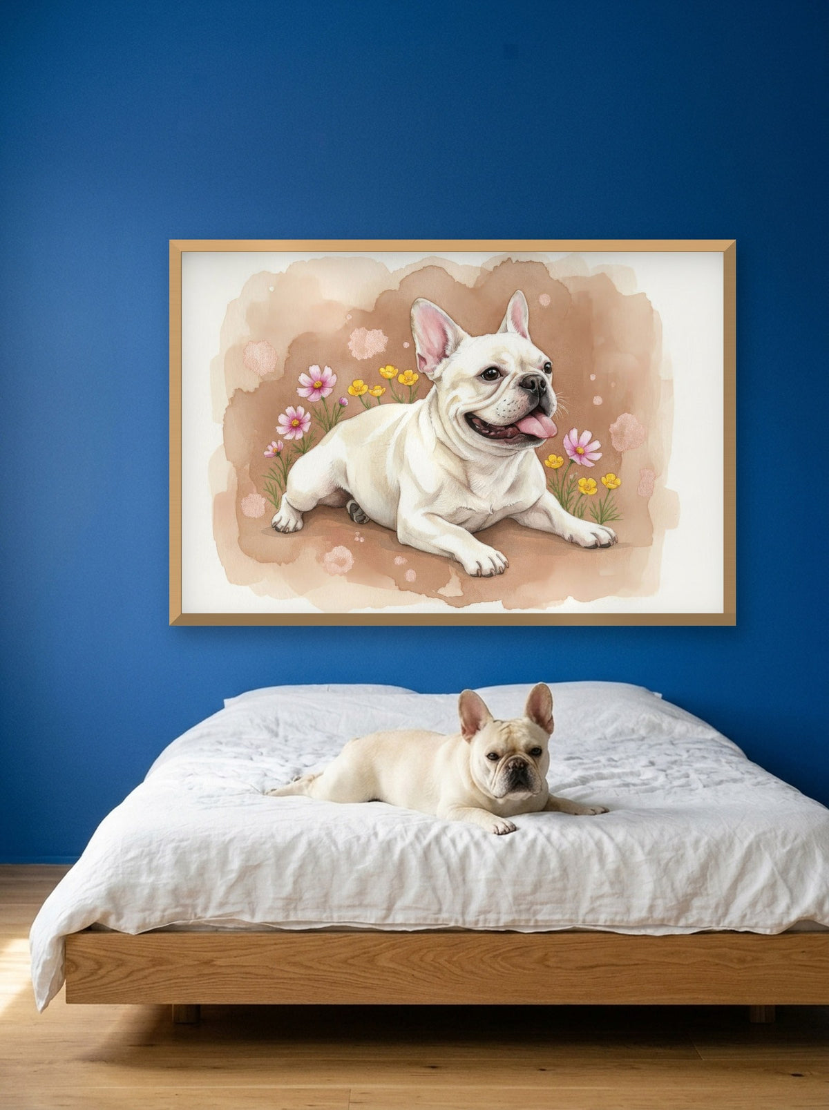 Cream - French Bulldog watercolour-style print, framed on the wall above a french bulldog on a bed (AI-generated photo)