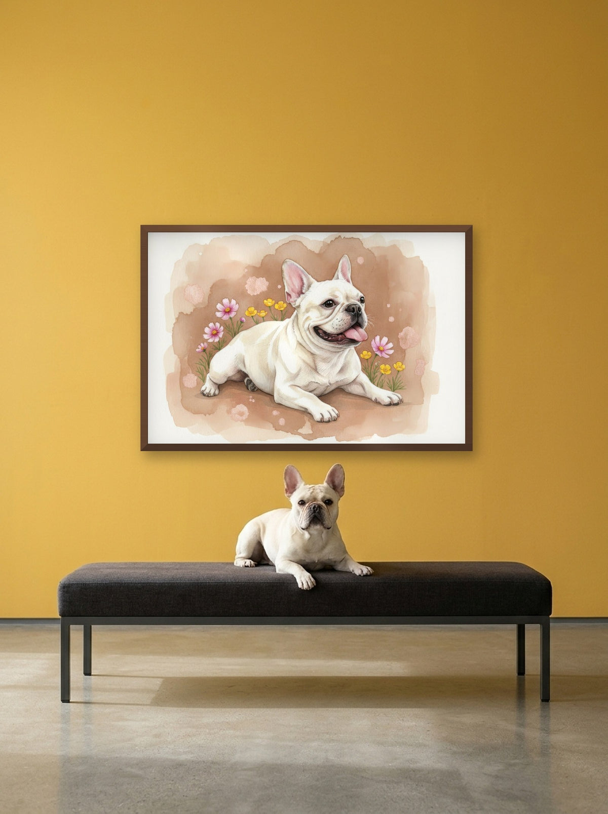 Cream - French Bulldog watercolour-style print, framed on the wall above a french bulldog on a gallery bench (AI-generated photo)