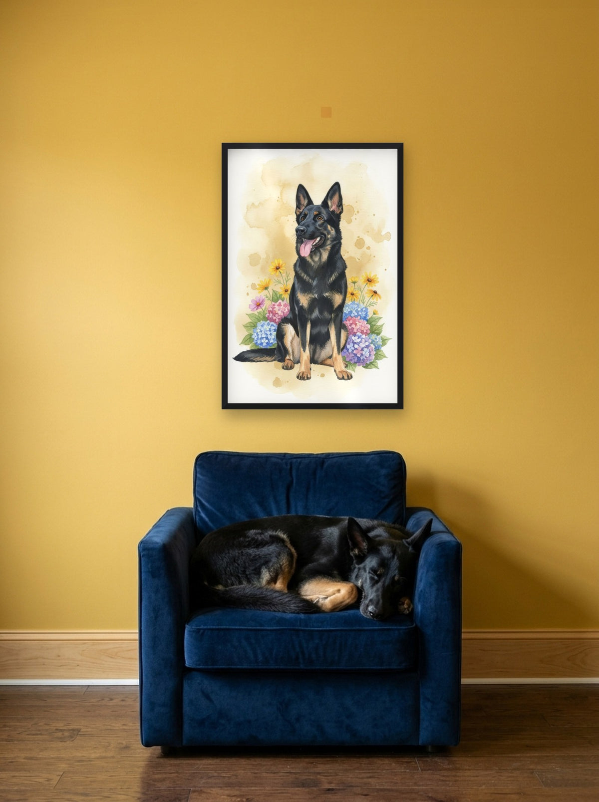 Bicolour - German Shepherd watercolour-style print, framed on the wall above a german shepherd in an armchair (AI-generated photo)