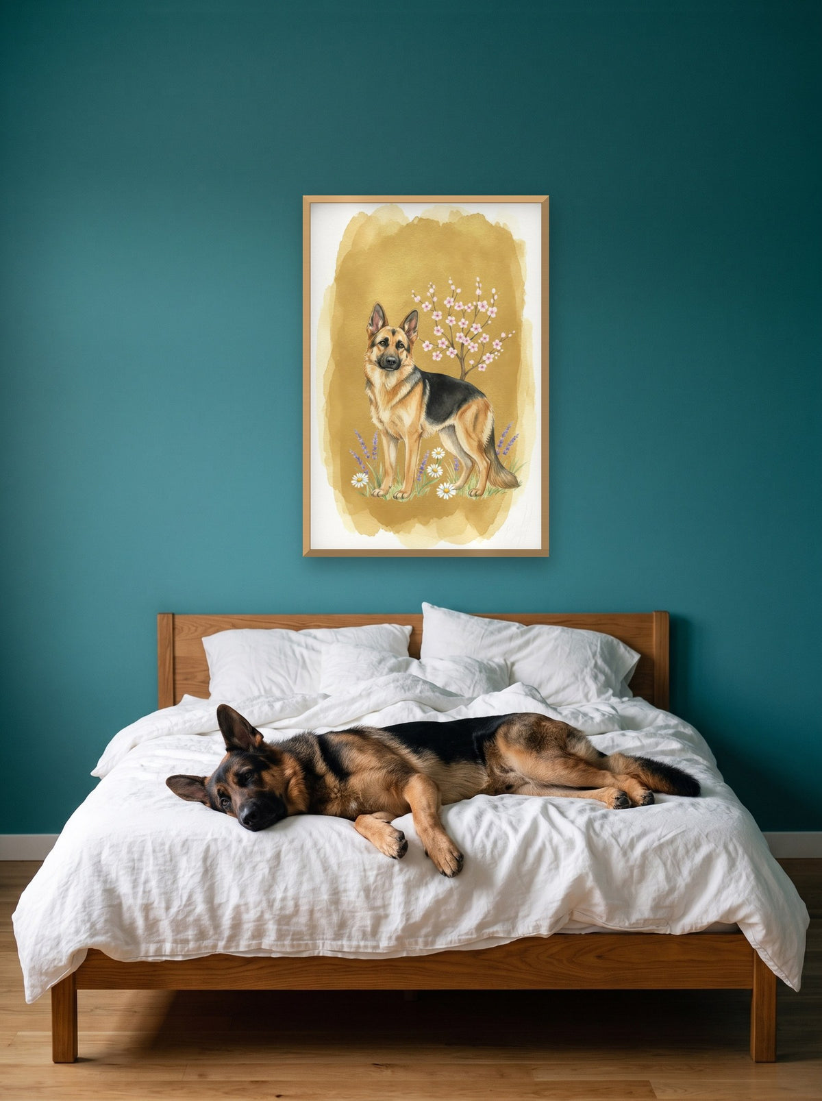 Black and Tan - German Shepherd watercolour-style print, framed on the wall above a german shepherd on a bed (AI-generated photo)