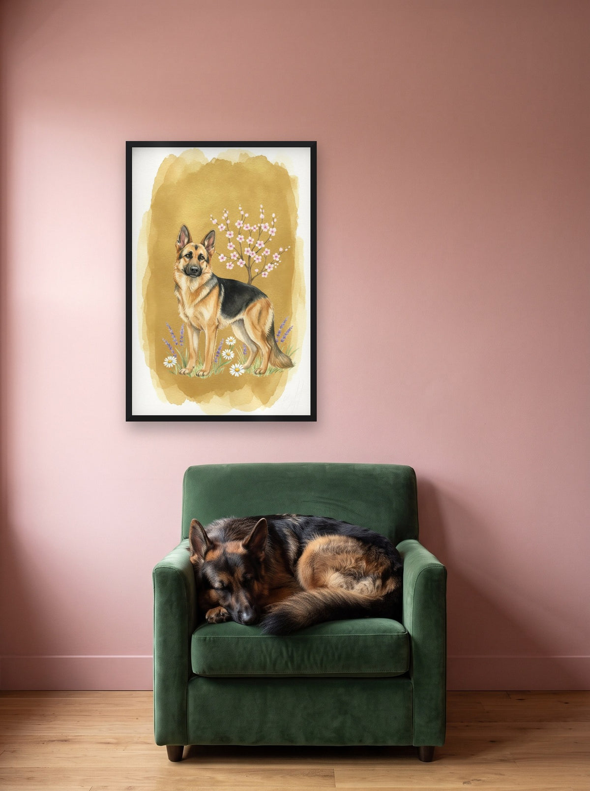 Black and Tan - German Shepherd watercolour-style print, framed on the wall above a german shepherd in an armchair (AI-generated photo)