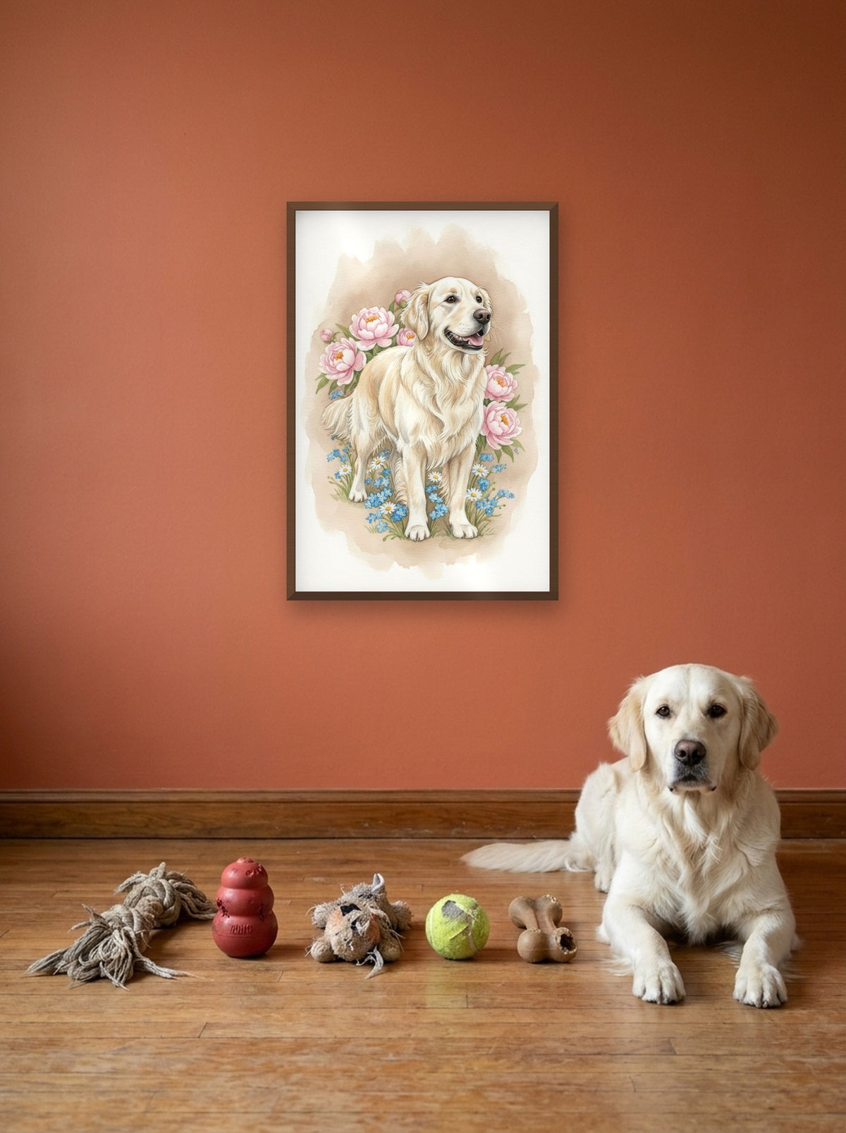 Cream - Golden Retriever watercolour-style print, framed on the wall above a golden retriever with its toys (AI-generated photo)