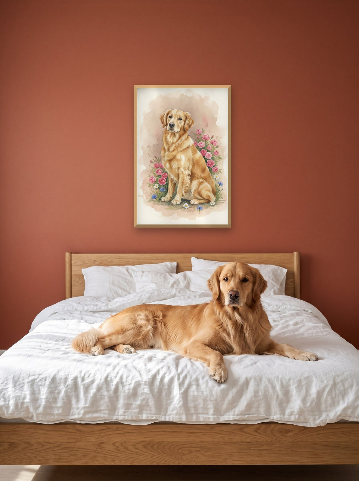 Golden - Golden Retriever watercolour-style print, framed on the wall above a golden retriever on a bed (AI-generated photo)