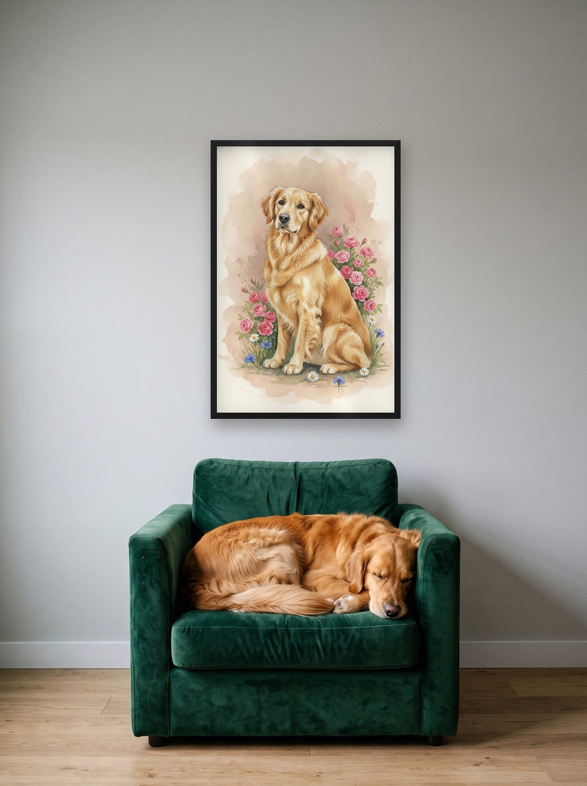 Golden - Golden Retriever watercolour-style print, framed on the wall above a golden retriever in an armchair (AI-generated photo)