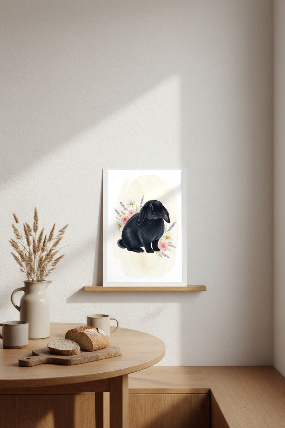 Black - Holland Lop Rabbit watercolour print leaning in a kitchen nook