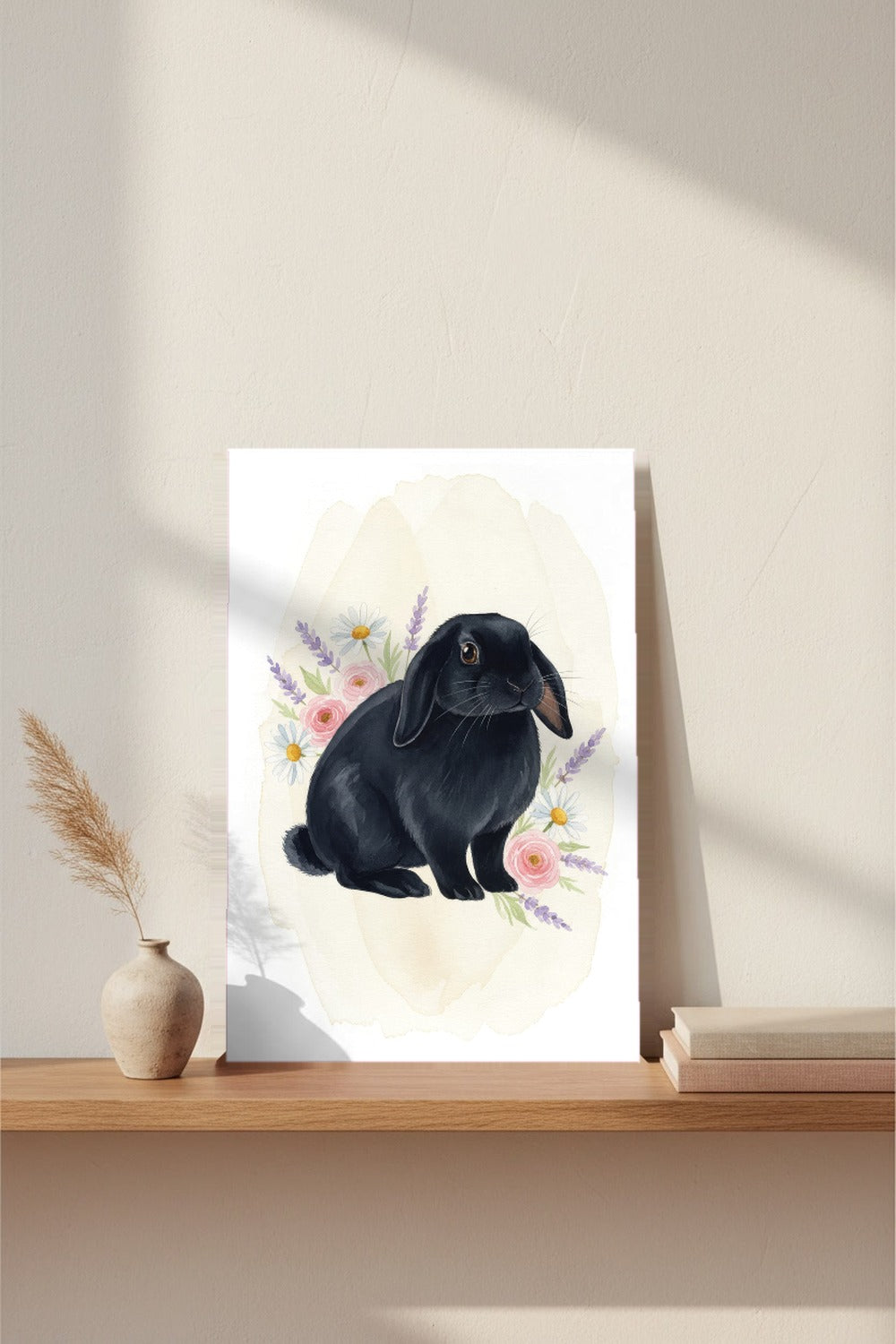 Black - Holland Lop Rabbit watercolour print leaning on a picture ledge