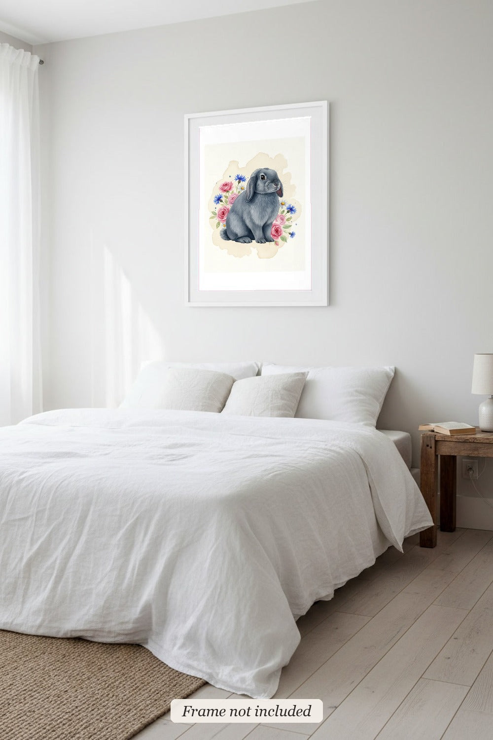 Blue - Holland Lop Rabbit watercolour print in a slim white frame (frame not included) in a bedroom