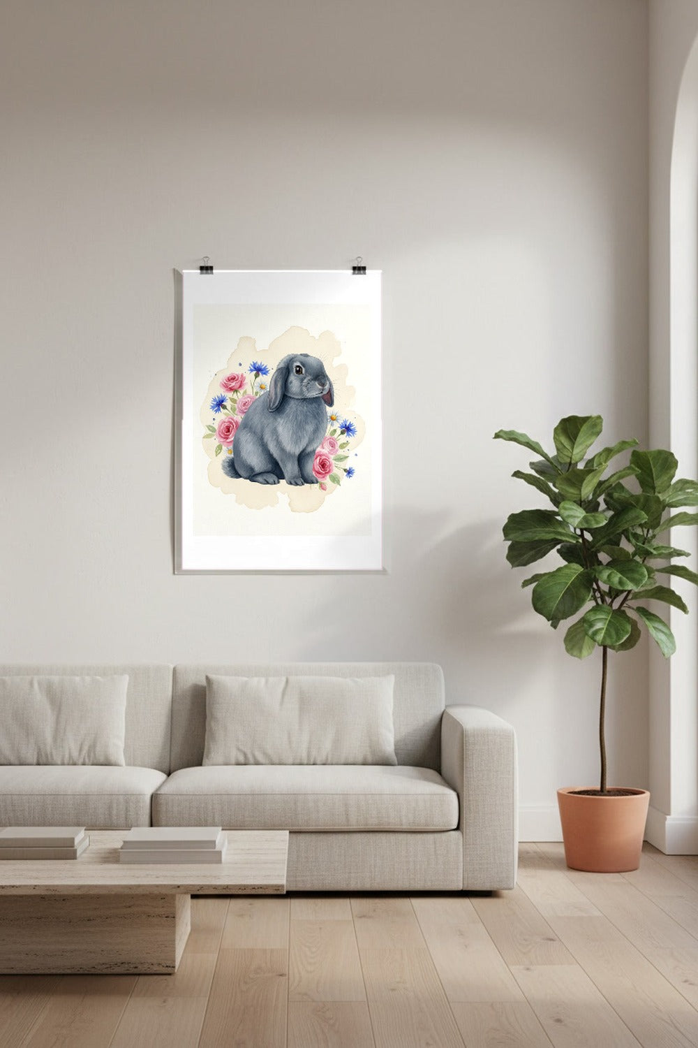 Blue - Holland Lop Rabbit watercolour print hung with clips in a designer loft