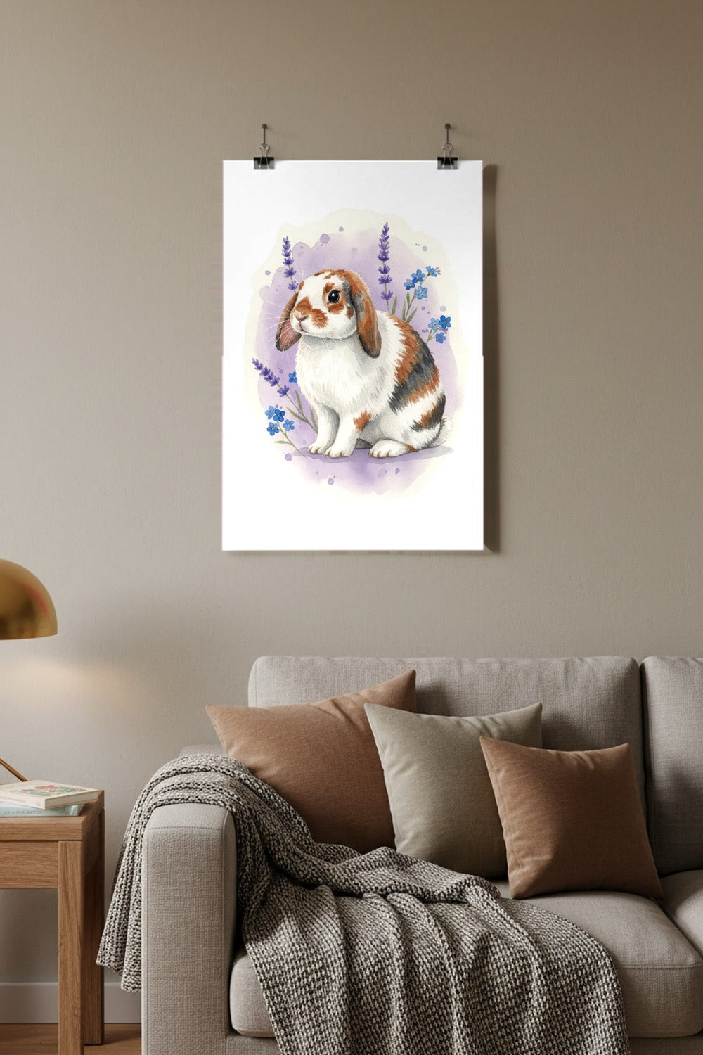 Broken - Holland Lop Rabbit watercolour print hung with clips in a family living room