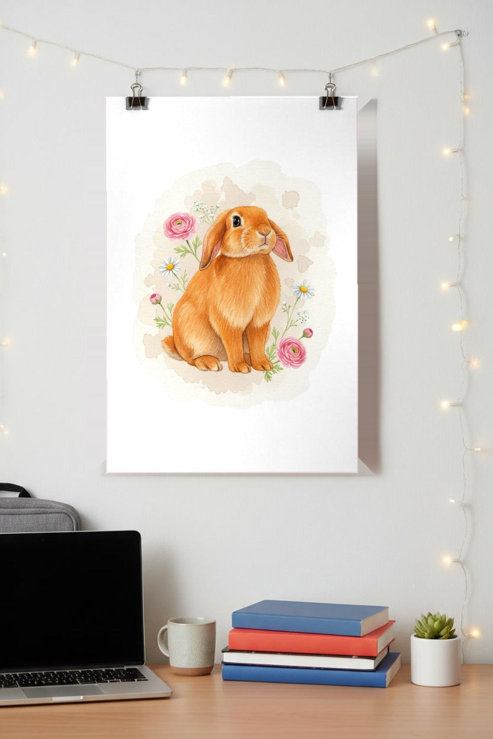 Orange - Holland Lop Rabbit watercolour print hung with clips above a student desk